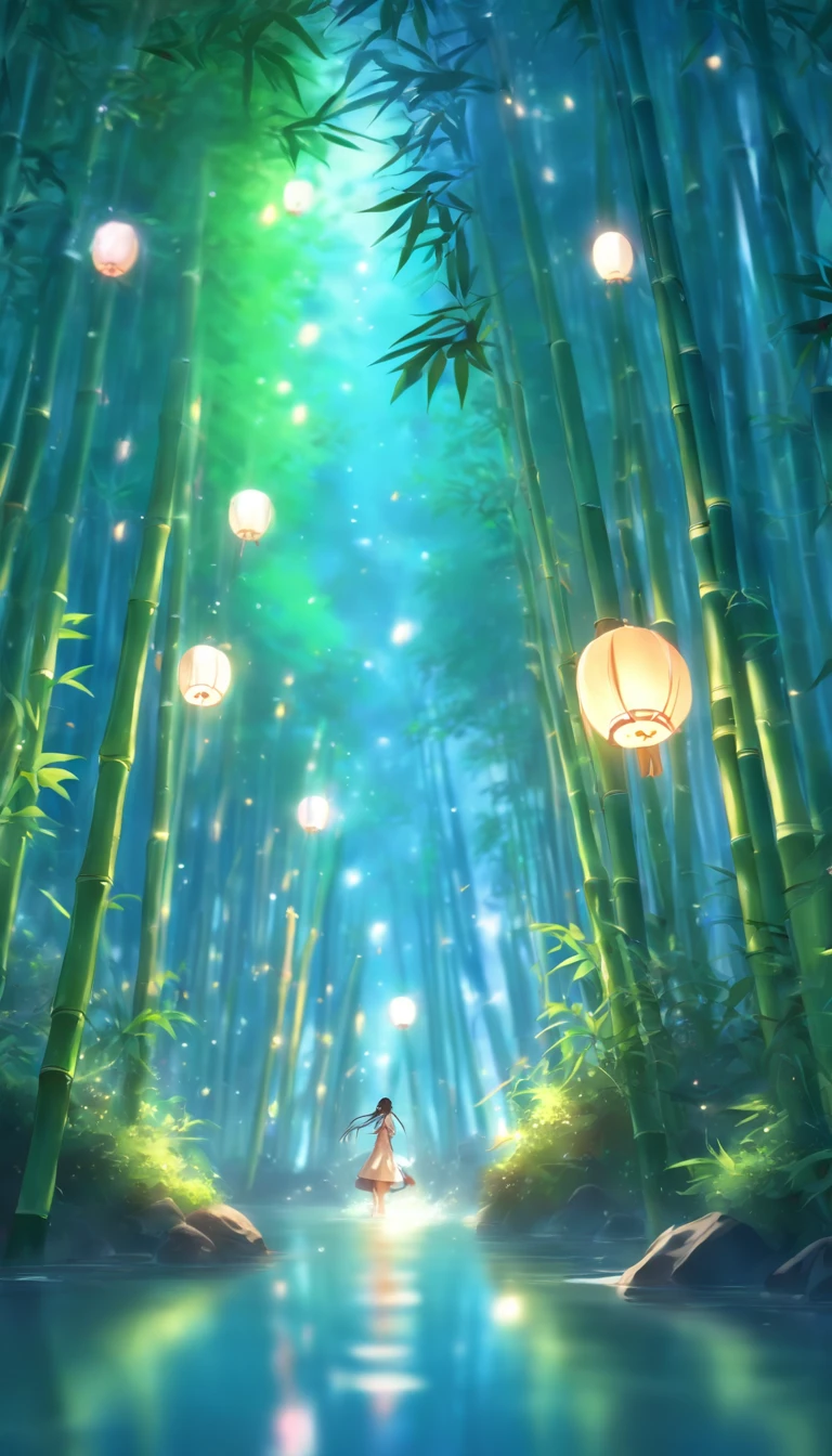 (best quality,4k,8k,highres,masterpiece:1.2),ultra-detailed,(realistic,photorealistic,photo-realistic:1.37),bamboo forest,moonlight through the bamboo forest,round moon,dancing fireflies,scattered white lanterns,anime background art,anime beautiful peaceful scene,beautiful anime scenery,anime lush John 8K bamboo forest,mysterious forest lake,anime nature,bamboo forest and river,riverside in the bamboo forest,anime scenery wallpaper,serene lush bamboo forest,anime background,anime nature wallpaper,gentle rippling bamboo creek