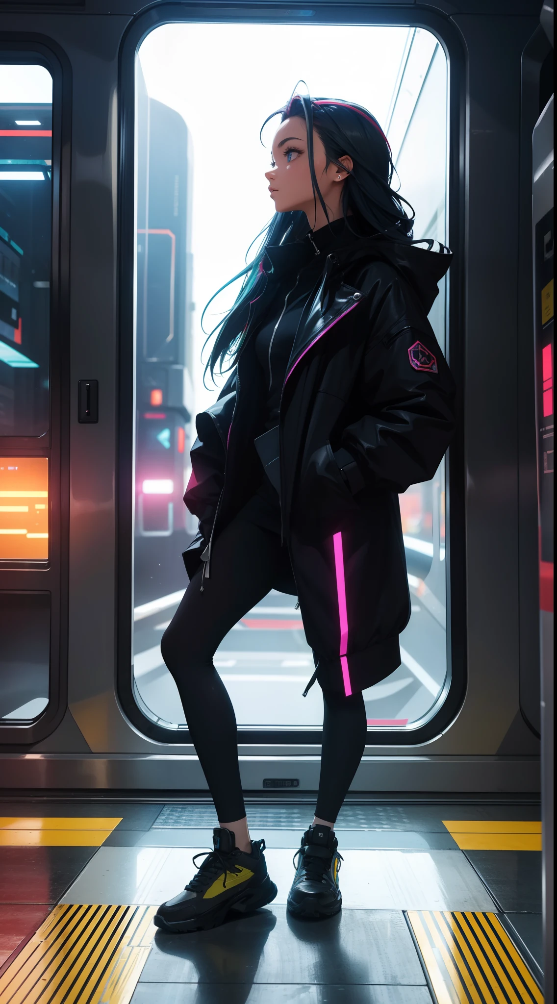 train du futur, Cyberpunk, debout  pose expressive, Look at the stars, Head glued to the glass, Landscape passing by at high speed, voyage de nuit, beautiful starry sky, Une belle fille avec, UHD Portrait, (High quality) (ultra details) Regarder le spectateur en tenue de ville de style hip-hop; different, colourfull, colored  long hair 🌈