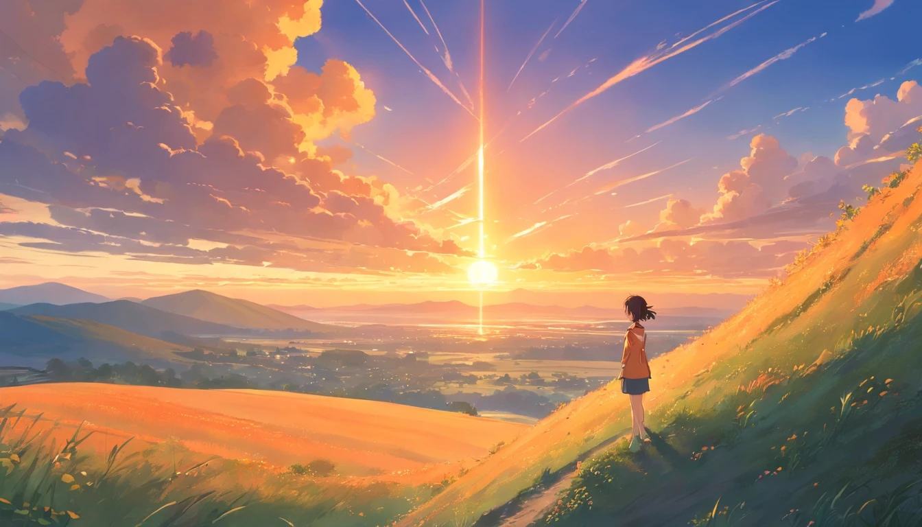a girl standing in a hill and look in the sun sine orange cloud