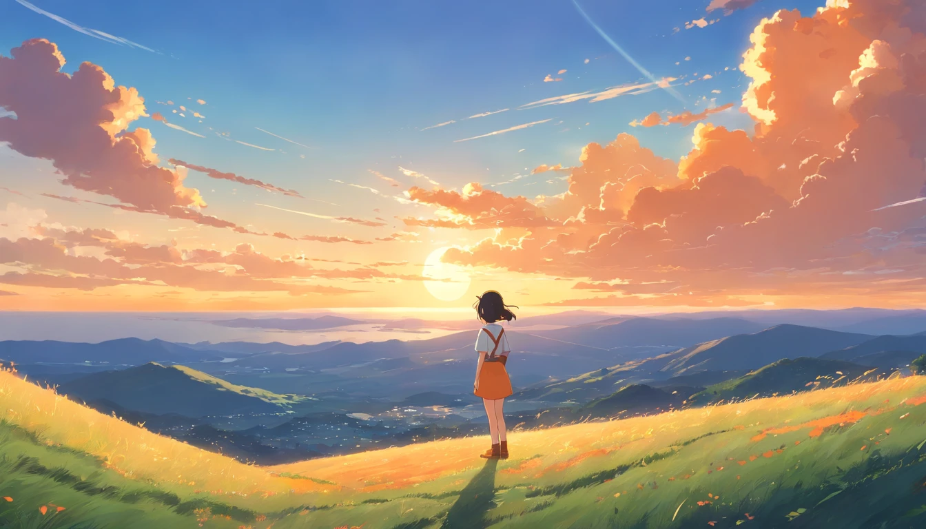 a girl standing in a hill and look in the sun sine orange cloud