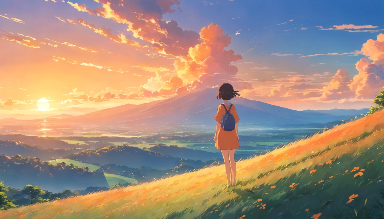 a girl standing in a hill and look in the sun sine orange cloud