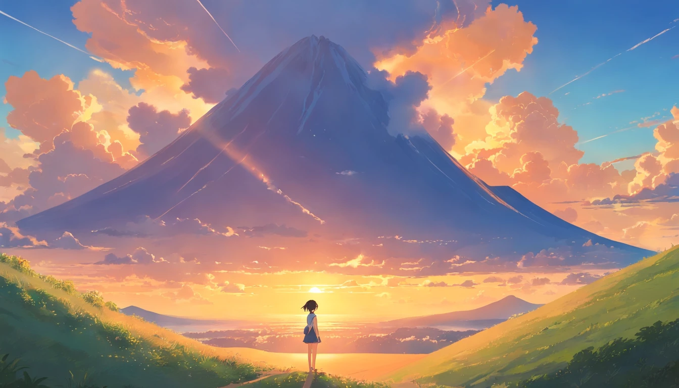 a girl standing in a hill and look in the sun sine orange cloud