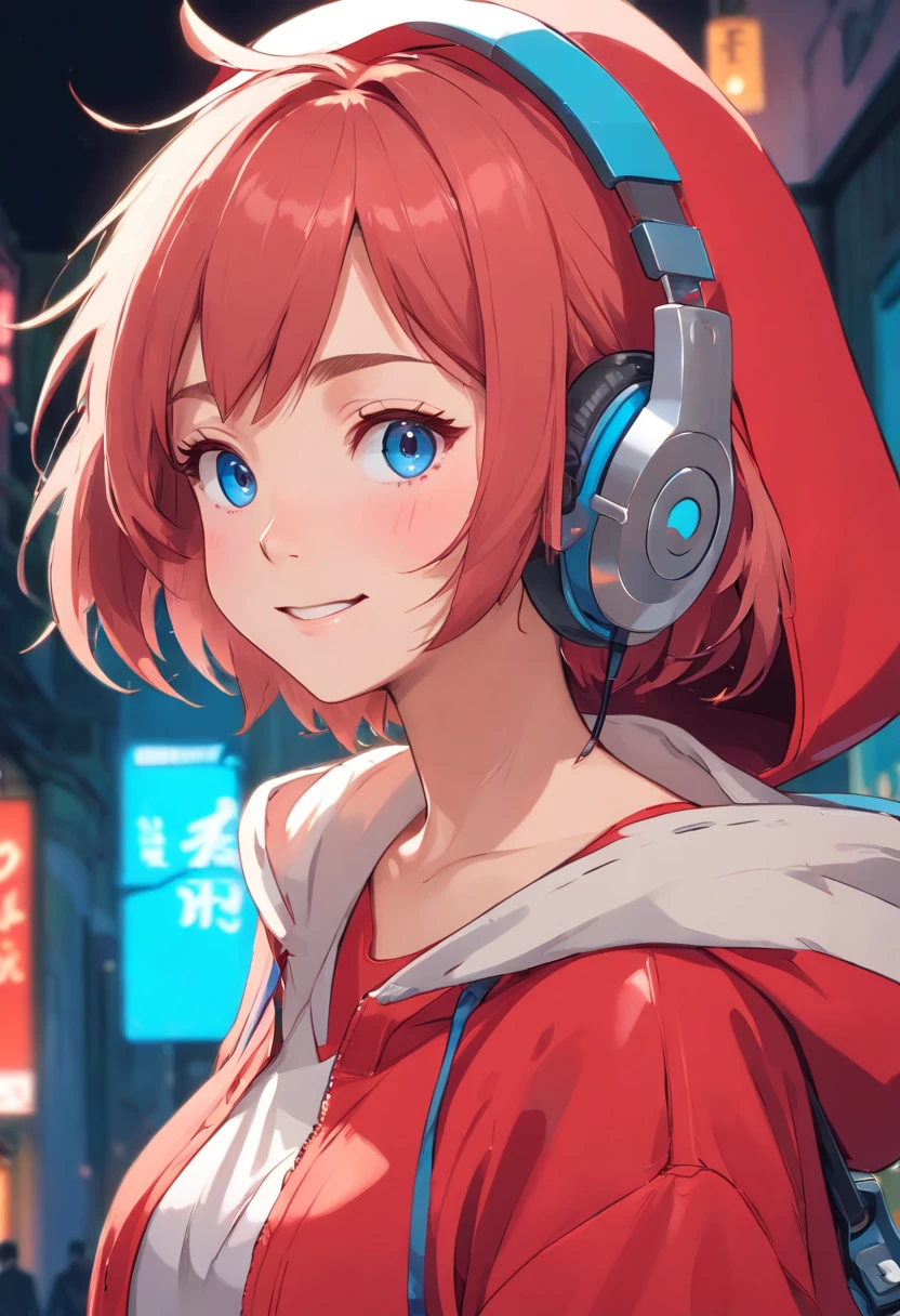 (masutepiece), Best Quality, Expressive eyes, Perfect face, (Ultra-detailed:1.5), Soft lighting, extra detailed face, medium boobs, Expressive eyes, masutepiece, Best Quality, Sparkling eyes, stunning eyes, Detailed Lighting, Front viewing angle, Portrait, (Extreme shading:1.0), 1girl in, short red color hair with a bluish tint,,, Smiling, Pretty Face, Neon blue eyes, Dual shade eyelashes, ear piercings, Wearing a red hoodie, Bottomless, White skirt, thick legs, Standing, headphones, Standing , Hyper Detailed, Insane details, Beautiful character design, awardwinning, (full torso)