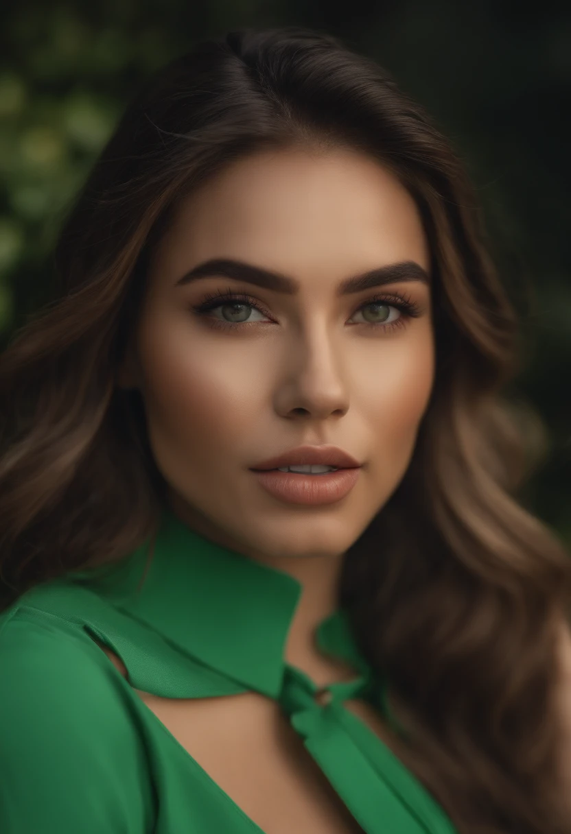 (8k, foto RAW, fotorrealista: 1,25), (brilho labial, cabelo loiro, thick lips, boca grande, olhos verdes, green pants, cinto preto, camisa social, camisa branca, Cilia, rosto brilhante, pele brilhante, melhor qualidade, Ultra high resolution, profundidade de campo, chromatic aberration, caustic, wide lighting, sombreamento natural, Kpop idol) olhando para o espectador com uma felicidade serena e divina,