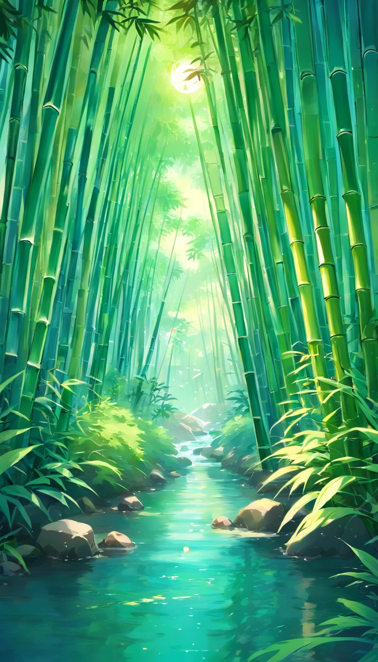 Draw a river in a bamboo forest,Moonlight shines through the bamboo forest at night, Round moon,Dancing fireflies,Scattered white lanterns,Anime background art, anime beautiful peace scene, beautiful anime scenery, Anime lush John 8K bamboo forest, mystical forest lagoon, Anime Nature, Bamboo forests and rivers,River in a bamboo forest, anime landscape wallpapers, Tranquil lush bamboo forest, anime backgrounds, anime nature wallpap, Gentle sparkling bamboo stream