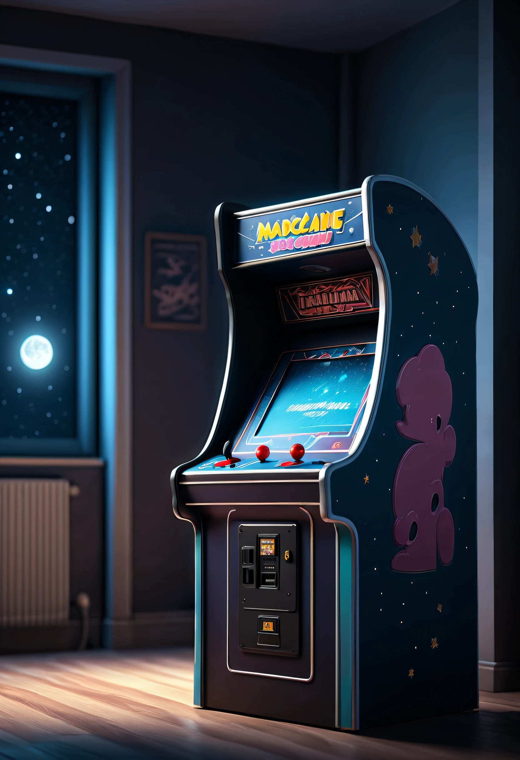 a lonely arcade machine in an empty room, moonlight shining on the machine to create a beautiful play of light and shadows. The artwork is of (best quality,4k,8k,highres,masterpiece:1.2), ultra-detailed, (realistic,photorealistic,photo-realistic:1.37) with a cold color palette to evoke an artistic atmosphere. The scene is viewed from a low angle to make the arcade machine appear tall and mysterious.