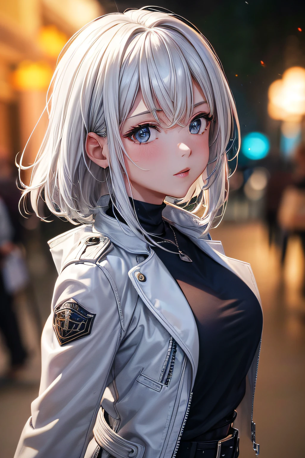 1girl, bangs, white hair, blue eyes, fashi-g,bob cut,short hair, cleavage, collarbone, open jacket,mecha,cyberpunk,neon lights,large breasts,mature female,shiny skin,rain,water drop,