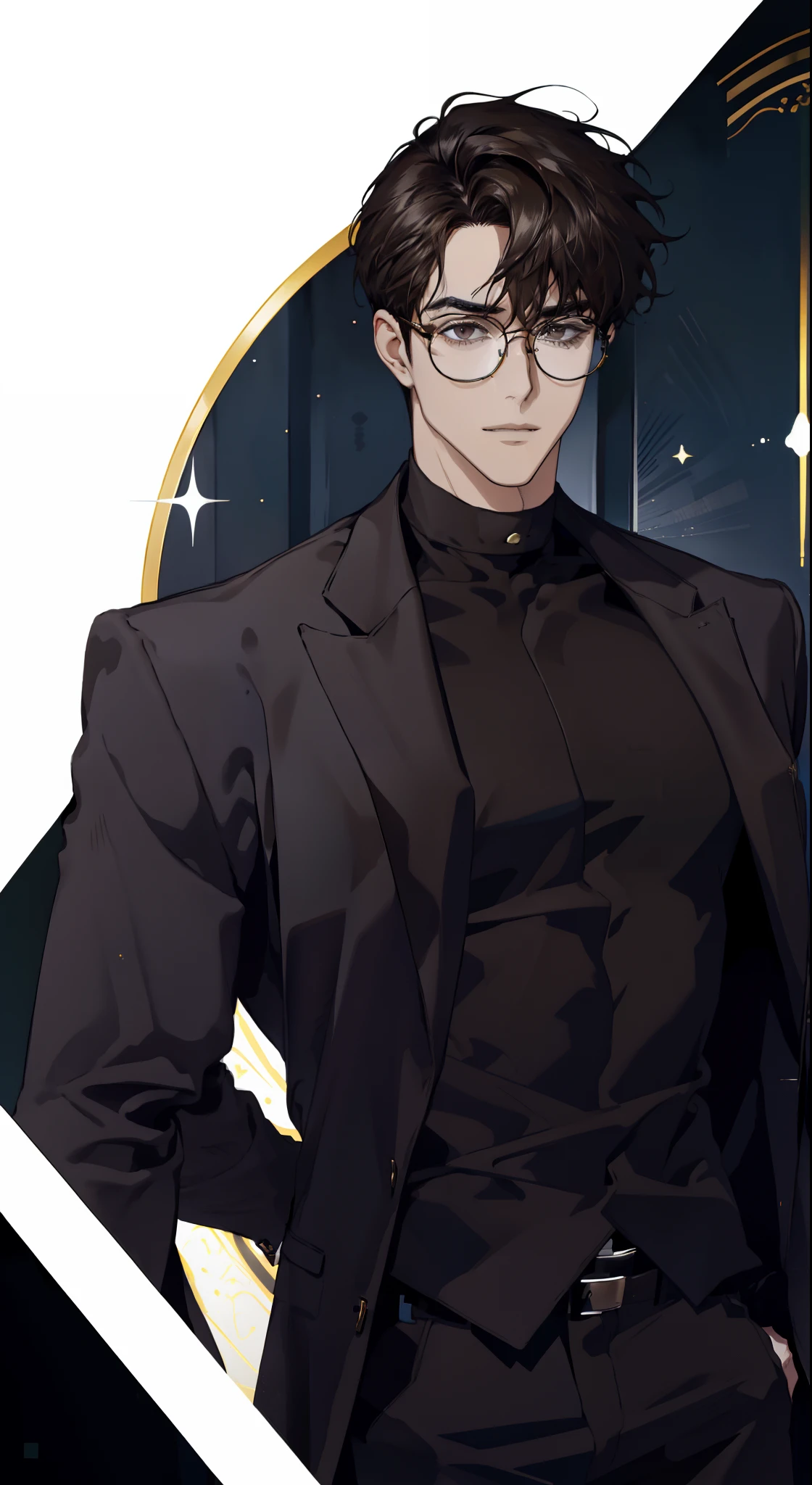 Mature male wearing golden glasses，wearing black suits，a broad shouldered，large tall，dark brown  hair，Look at the camera insidiously