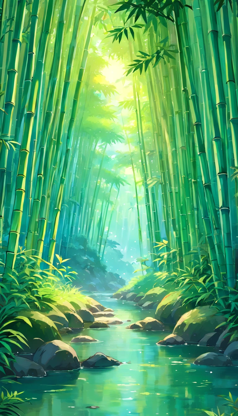 Draw a river in a bamboo forest,Moonlight shines through the bamboo forest at night, Round moon,Dancing fireflies,Scattered white lanterns,Anime background art, anime beautiful peace scene, beautiful anime scenery, Anime lush John 8K bamboo forest, mystical forest lagoon, Anime Nature, Bamboo forests and rivers,River in a bamboo forest, anime landscape wallpapers, Tranquil lush bamboo forest, anime backgrounds, anime nature wallpap, Gentle sparkling bamboo stream