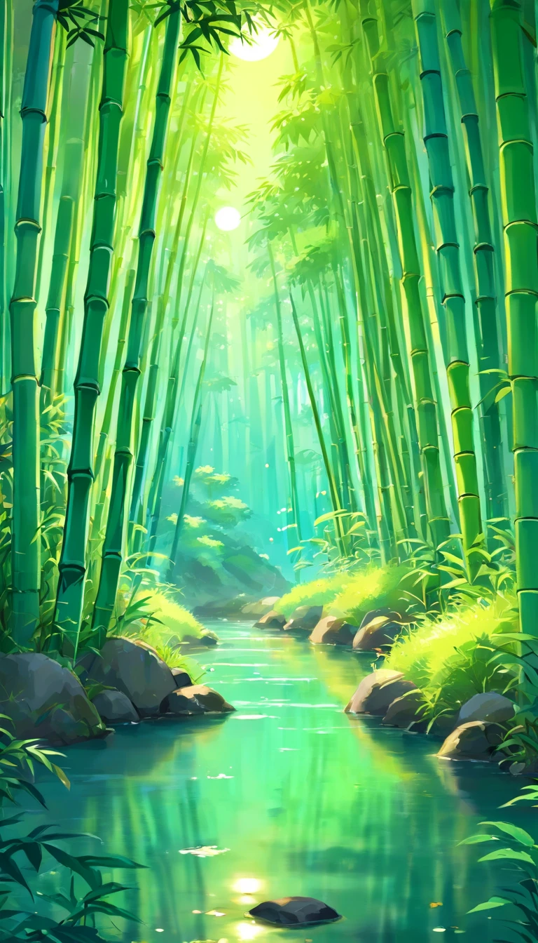 Draw a river in a bamboo forest,Moonlight shines through the bamboo forest at night, Round moon,Dancing fireflies,Scattered white lanterns,Anime background art, anime beautiful peace scene, beautiful anime scenery, Anime lush John 8K bamboo forest, mystical forest lagoon, Anime Nature, Bamboo forests and rivers,River in a bamboo forest, anime landscape wallpapers, Tranquil lush bamboo forest, anime backgrounds, anime nature wallpap, Gentle sparkling bamboo stream