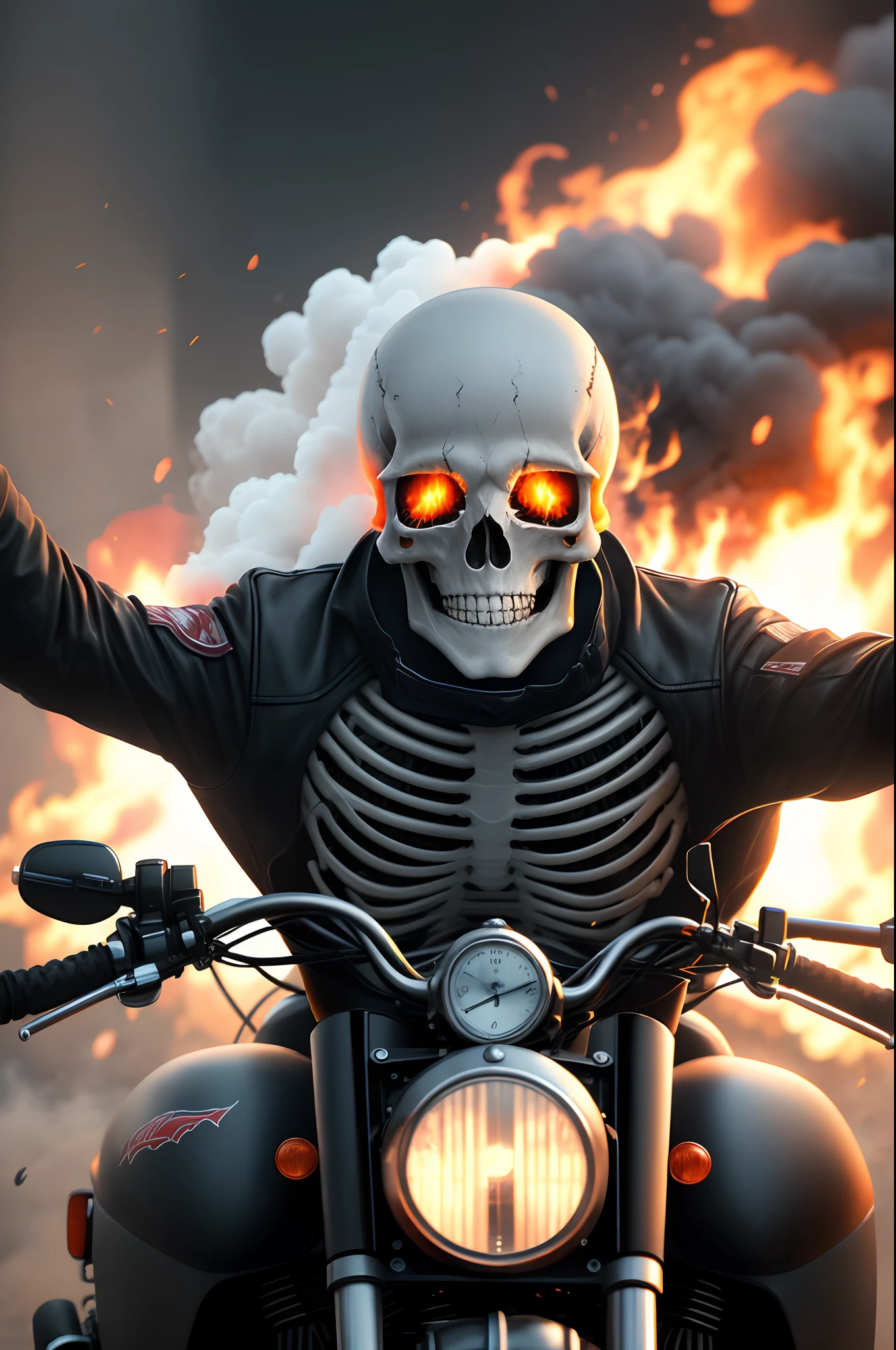 White laughing skull fully lit on fire in profile painted on a motorcycle tank with flames