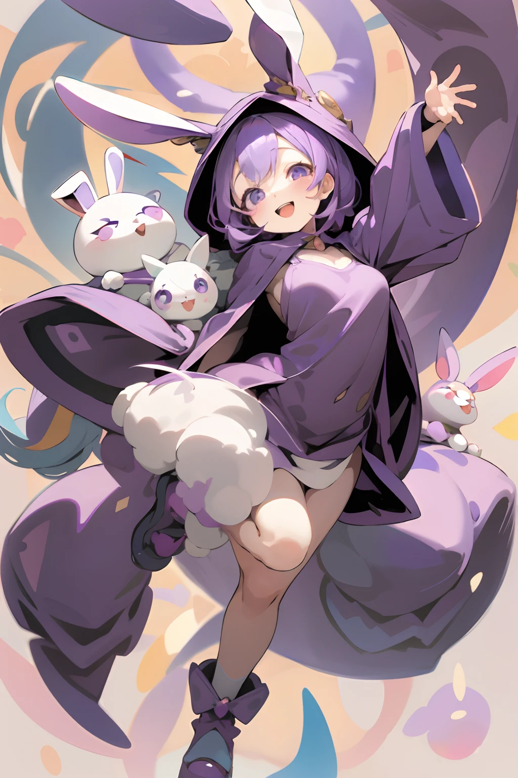 best qualtiy、1girl in、full body Esbian、、Smile with open mouth、a cool、kawaii eyes、Rabbit ears、Purple Wizard Clothes、Colossal tits、Purple Wizard Hat、