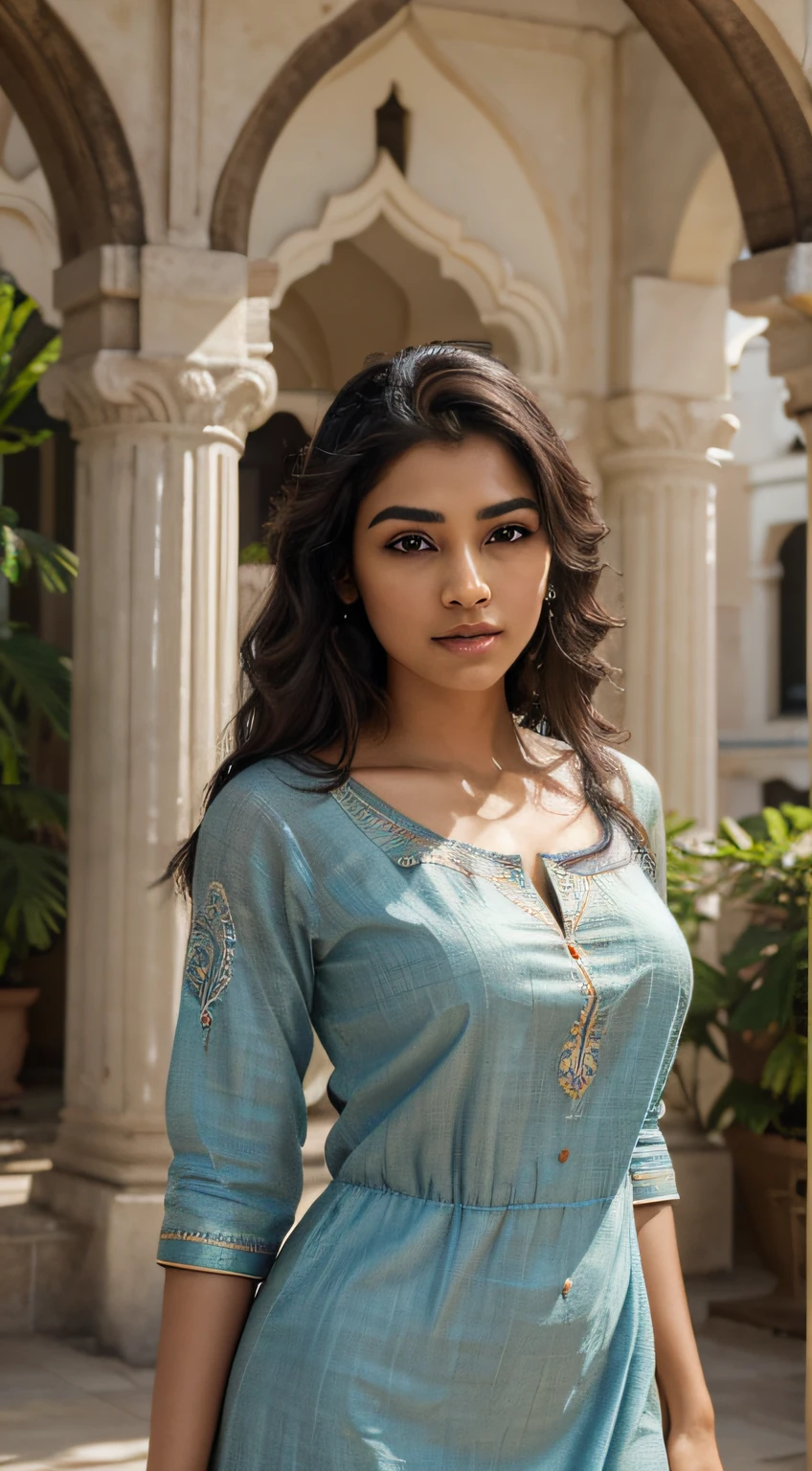 ultra-realistic photographs,Indian Instagram female model,mid 20s,9:16,mid-shot,beautiful detailed eyes,detailed lips,longeyelashes,black curly hair,naturally full eyebrows,perfectly formed nose,expressive face,attractive appearance,confident and elegant posture,graceful movement,vibrant and colorful dress,rich and intricate embroidery,theatre background,serene atmosphere,stunning architecture,soft and natural lighting,vivid colors,photorealistic,HDR,highres,studio lighting,ultra-detailed,bokeh,