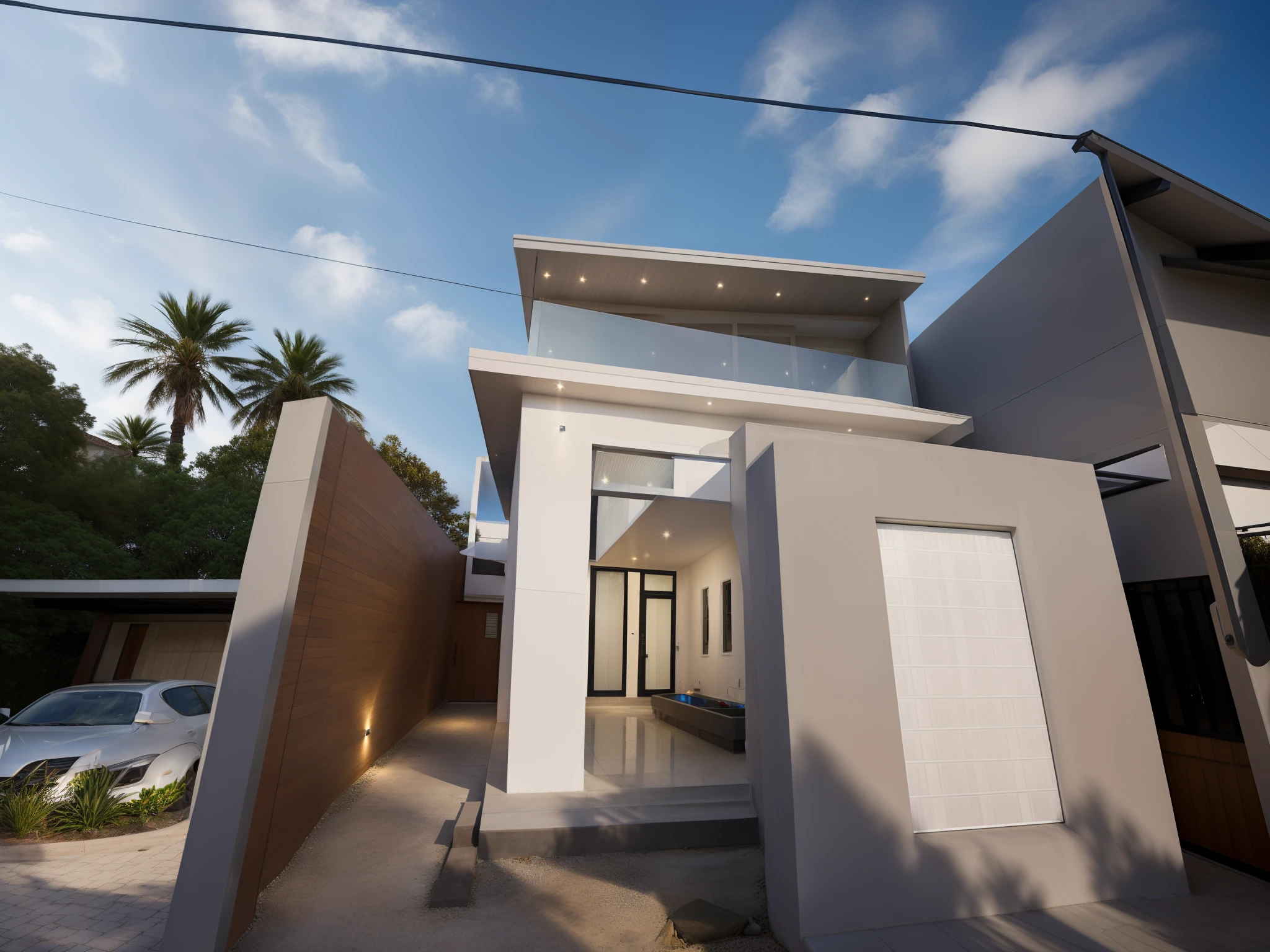 Exterior, modern, white house, homestay, blue sky: 1.8, large yard, 1 house facing the street, dynamic light: 1.4, cinema light,(((indoor light: 1.4))), feeling peaceful feeling, award-winning architecture, wet sidewalks, sky view after rain, warm interior lighting Pressure: 1.7, shimmering sky, gray tones