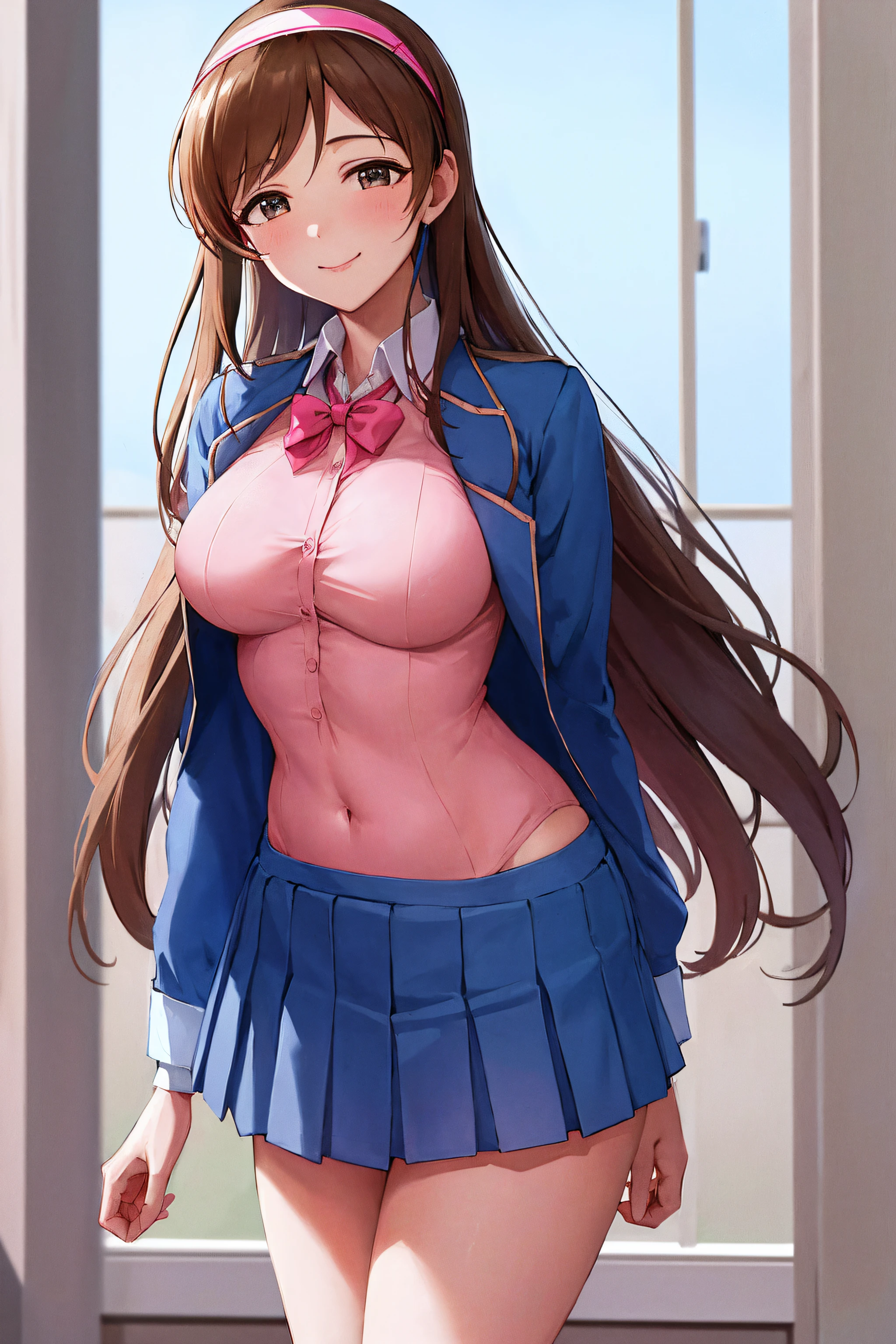 masterpiece, best quality, highres, aanitta, long hair, visor cap, headset, medium breasts, blue jacket,school_uniform, pink shirt, collared_shirt,pink_cardigan, idolmaster, cowboy shot, standing, smile, blue sky, arms at sides, straight-on,NSFW, (beautiful_face:1.5),(narrow_waist),(perfect hands, perfect anatomy),