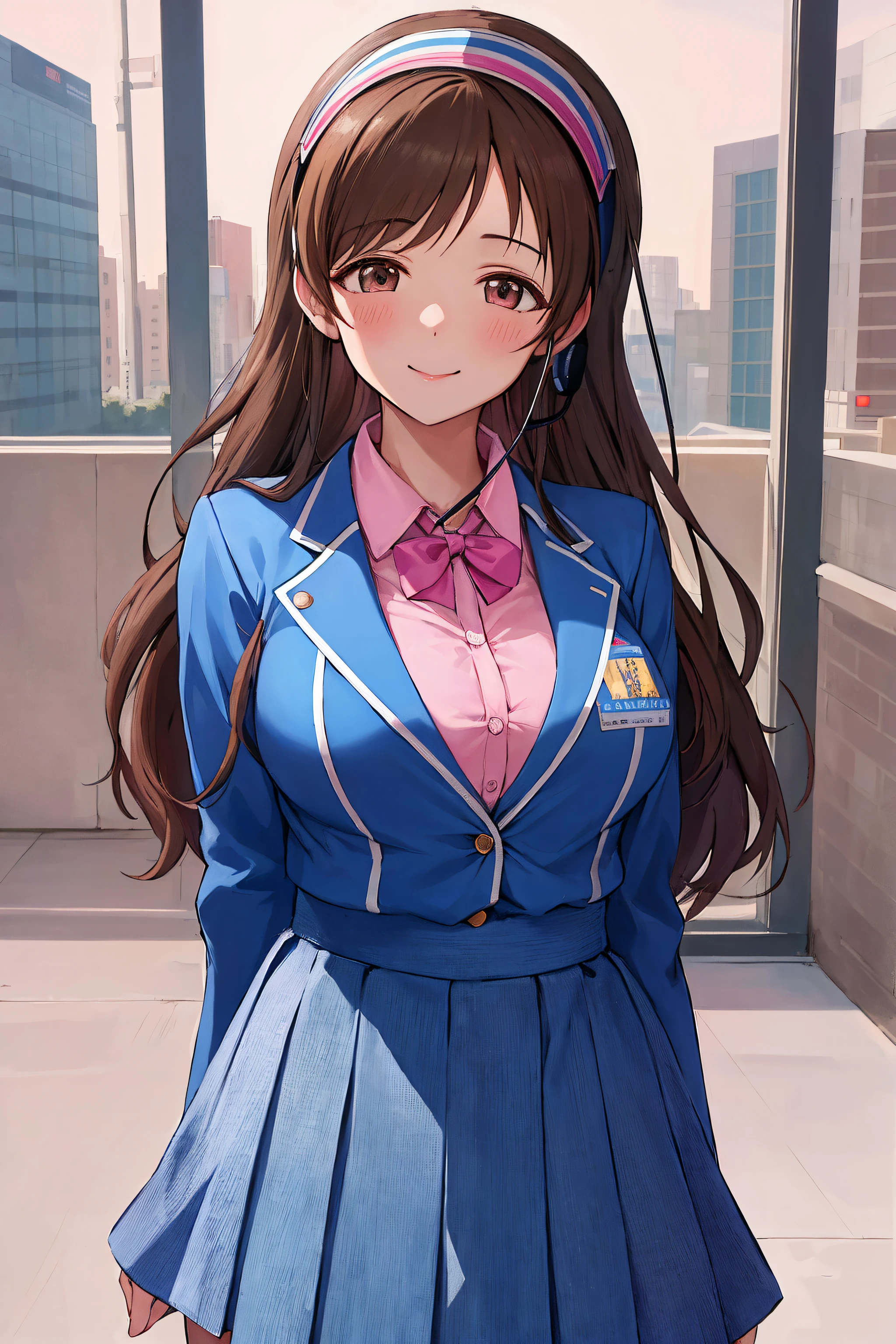 masterpiece, best quality, highres, aanitta, long hair, visor cap, headset, medium breasts, blue jacket,school_uniform, pink shirt, collared_shirt,pink_cardigan, idolmaster, cowboy shot, standing, smile, blue sky, arms at sides, straight-on,NSFW, (beautiful_face:1.5),(narrow_waist),(perfect hands, perfect anatomy),