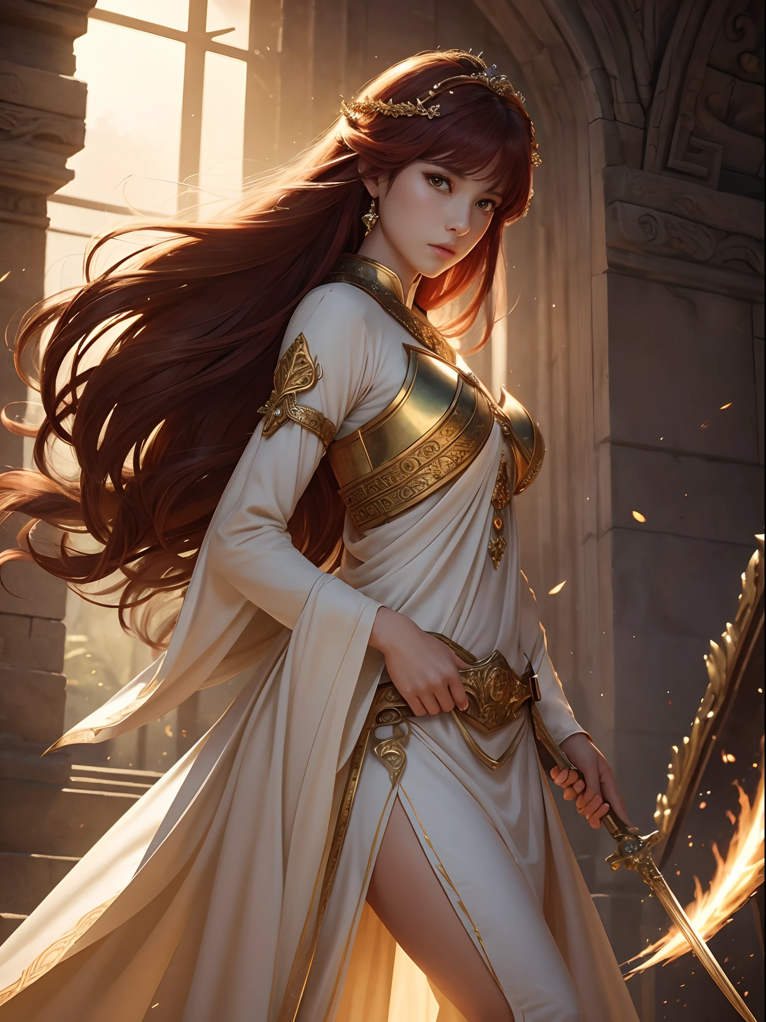 Fantasia、Ancient temples、Best Quality, Very high resolution, 4K Detail CG, ​master piece、aesthetics、Mysterious、Queen of Thrones、Charisma、Ishtar, Goddess of War、Increase your fighting spirit、Invincible Great General、Be brave and bold、brave、great、rigor、Awe-inspiring Hall々、glorias、Prestige、Veteran Hero、Extraordinary beauty、Rin々Right、Guardians of Lions、refinement、noble、Proud、Wearing noble jewelry、Equip your weapons、The exterior is gorgeous golden armor、cloaks、tall and slender、Long hair with fiery red hair、thirds rule、Perfect Angle、low angles、Perfect light and shadow contrast、(((​masterpiece)))、(((top-quality)))、((ultra-definition))、(High Definition CG Illustration)、((extremely delicate and beautiful))、Cinematic Light、）