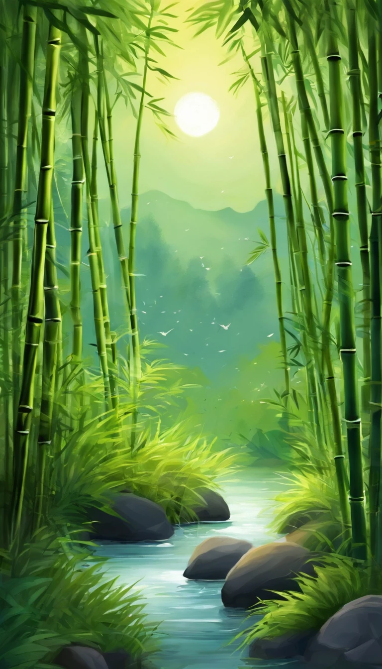 Draw a river in a bamboo forest,Moonlight shines through the bamboo forest at night, Round moon,Dancing fireflies,Scattered white lanterns,Anime background art, anime beautiful peace scene, beautiful anime scenery, Anime lush John 8K bamboo forest, mystical forest lagoon, Anime Nature, Bamboo forests and rivers,River in a bamboo forest, anime landscape wallpapers, Tranquil lush bamboo forest, anime backgrounds, anime nature wallpap, Gentle sparkling bamboo stream