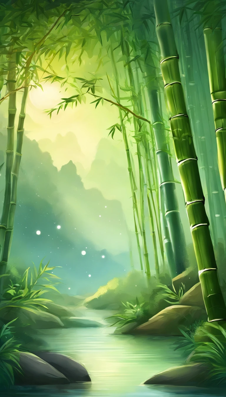 Draw a river in a bamboo forest,Moonlight shines through the bamboo forest at night, Round moon,Dancing fireflies,Scattered white lanterns,Anime background art, anime beautiful peace scene, beautiful anime scenery, Anime lush John 8K bamboo forest, mystical forest lagoon, Anime Nature, Bamboo forests and rivers,River in a bamboo forest, anime landscape wallpapers, Tranquil lush bamboo forest, anime backgrounds, anime nature wallpap, Gentle sparkling bamboo stream