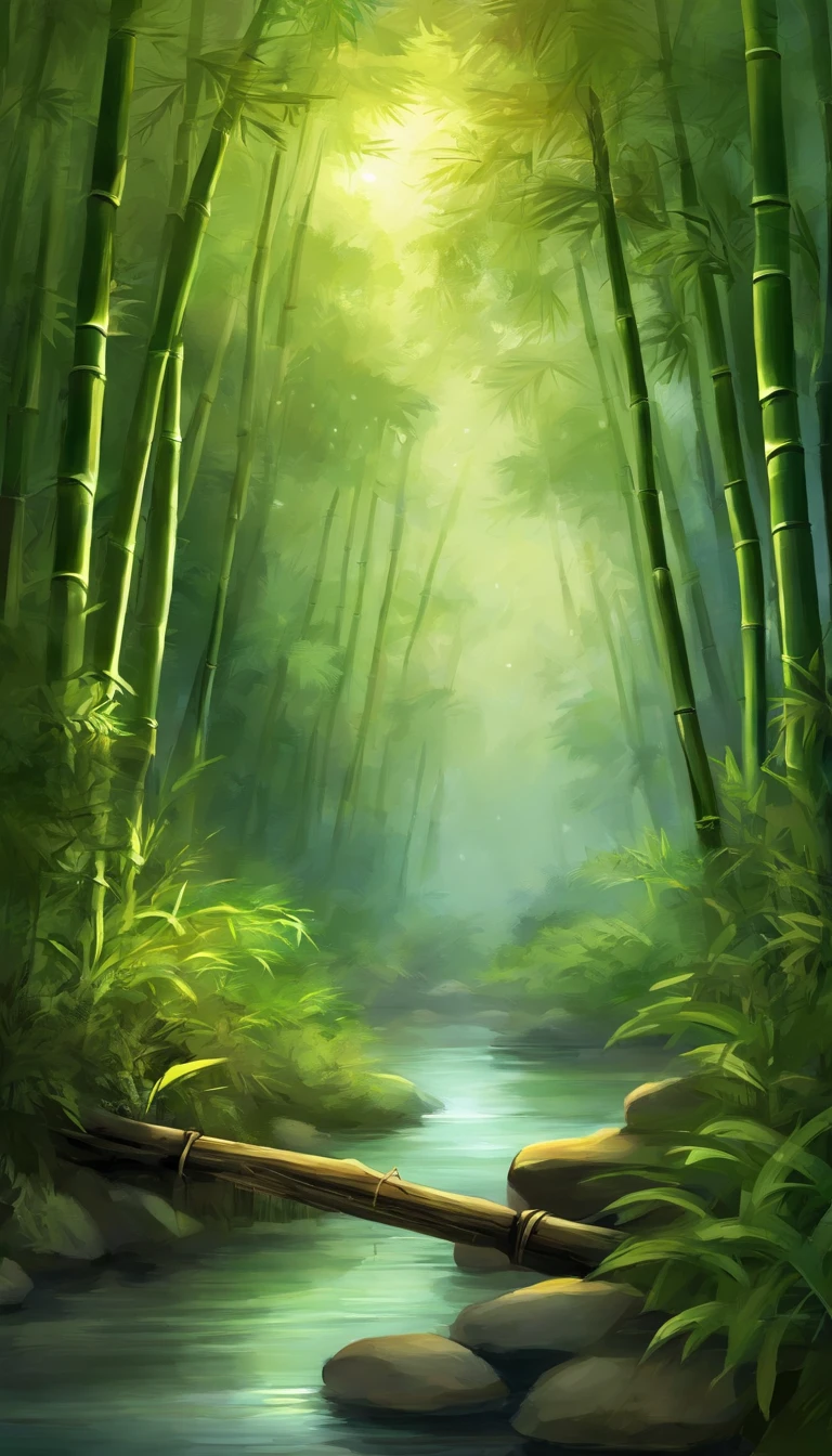 Draw a river in a bamboo forest，Moonlight shines through the bamboo forest at night, Round moon，Dancing fireflies，Scattered white lanterns，Anime background art, anime beautiful peace scene, beautiful anime scenery, Anime lush John 8K bamboo forest, mystical forest lagoon, Anime Nature, Bamboo forests and rivers,River in a bamboo forest, anime landscape wallpapers, Tranquil lush bamboo forest, anime backgrounds, anime nature wallpap, Gentle sparkling bamboo stream