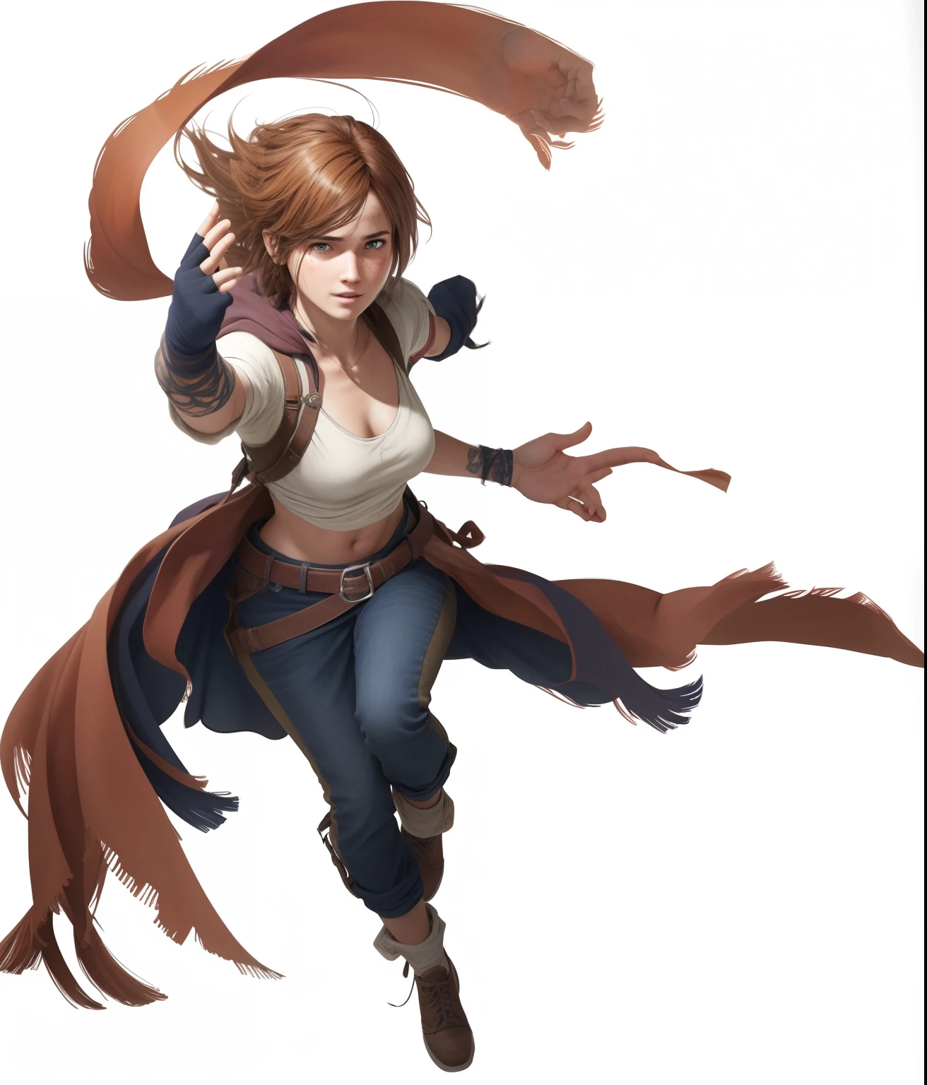 Image of a woman casting a spell, Female protagonist ,wide wide shot,Exercise posture,Open your palm upwards,Cast spells,Sexy body shape, roleplaying,Final Fantasy hairstyle,Sharp hairstyle,Hair in swing,There is a smile on the corners of his mouth,Charming eyes,eyes looking at the lens,Delicate and Pretty Face,High-quality images, Ultra HD,True human proportions,《last of us》painterly style,"Doomsday wasteland" Theme