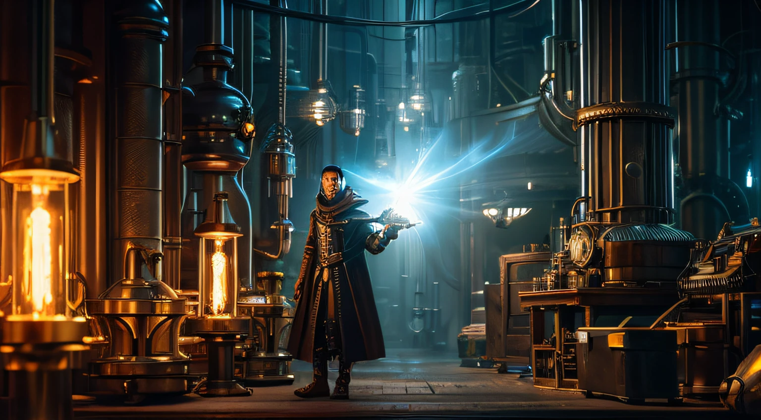 Transport yourself to a realm beyond our own with an artistic portrayal of an Alchemist in another world. The medium is a digital illustration with a distinct steampunk influence, capturing every intricate gear and cog of the alchemist's mechanical contraptions. Imagine the scene through the lens of a vintage anamorphic cinema camera, employing lens flares and a slightly desaturated color palette for that otherworldly cinematic feel. The composition is dynamic, with the alchemist at the forefront, their gadgets and elixirs arranged meticulously in the background. Think "Metropolis" meets H.G. Wells.