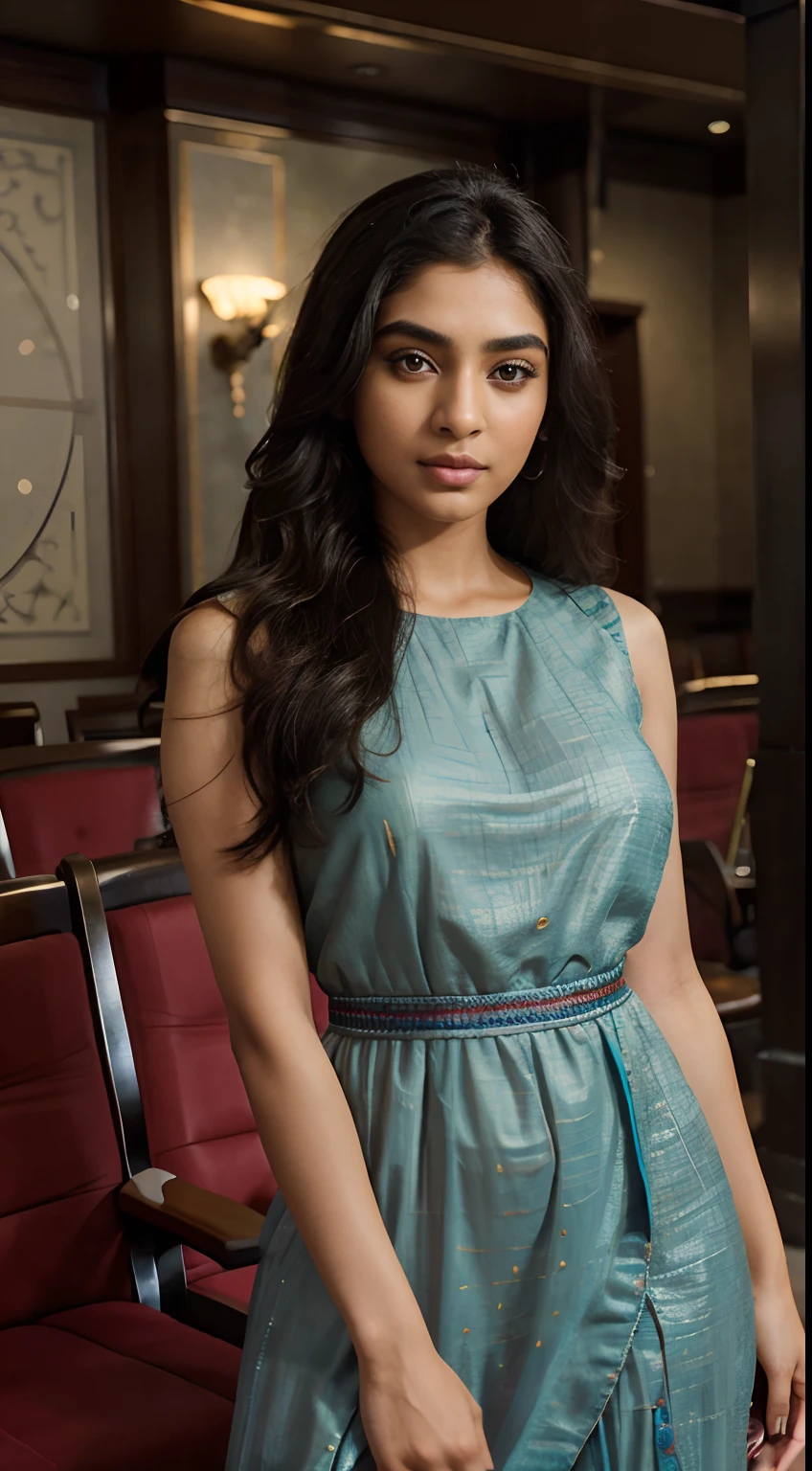 ultra-realistic photographs,Indian Instagram female model,mid 20s,9:16,mid-shot,beautiful detailed eyes,detailed lips,longeyelashes,black curly hair,naturally full eyebrows,perfectly formed nose,expressive face,attractive appearance,confident and elegant posture,graceful movement,vibrant and colorful dress,rich and intricate embroidery, movie theatre background,serene atmosphere,stunning architecture,soft and natural lighting,vivid colors,photorealistic,HDR,highres,studio lighting,ultra-detailed,bokeh,