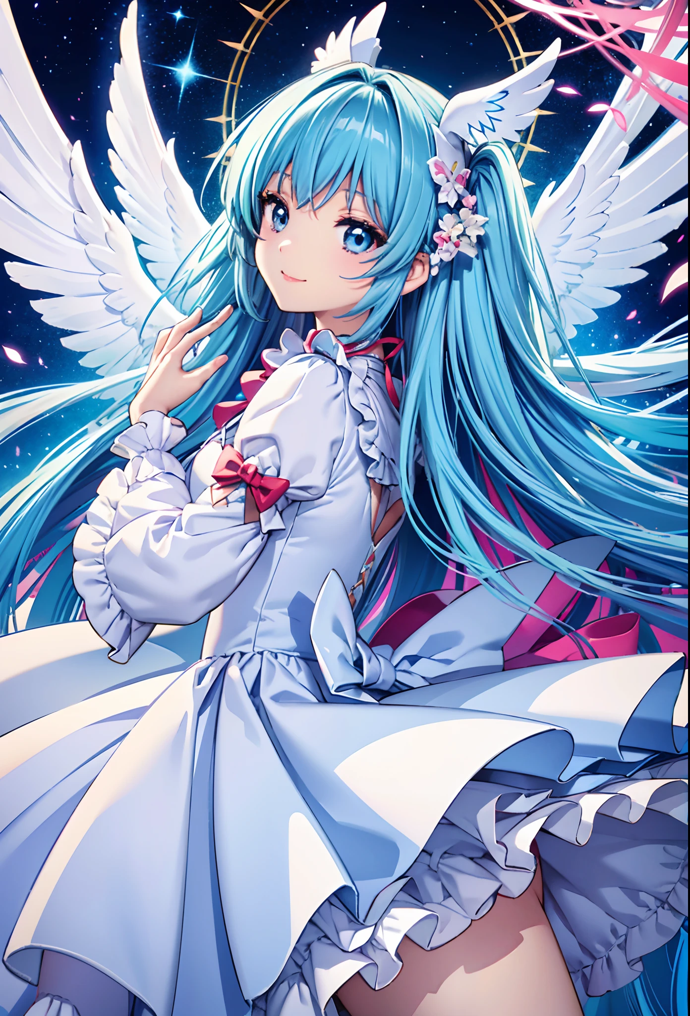 Big big wings of colorful glowing angel、Kawaii Girl、adorable smiling、Light blue long hair、Twin-tailed、Colorful angel costume in white and red ta style with lots of frills、((top-quality))、((masterpiece))、(ighly detailed、highestdetailed、Official art、Beautifully Aesthetic:1.2)