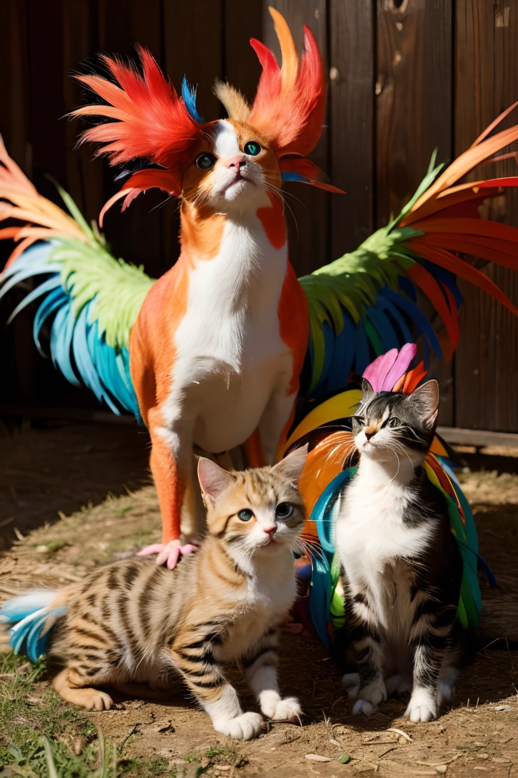 Big colorful croak,The rooster's foot steps on the kitten,A kitten below