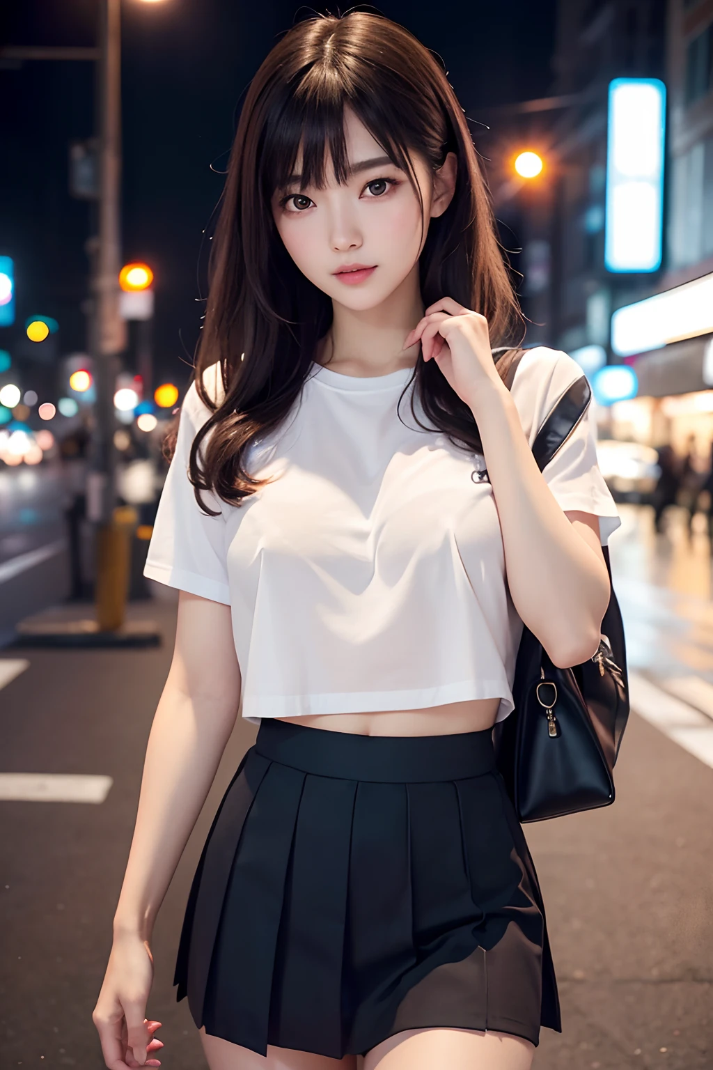 Realistic masterpiece, best quality: 1.5,
One girl, alone, upper body exposed, facing the audience,
Bare legs crossed at the knee, skirts hiked up from the heavy rain,
Serafuku soaked through, crop top clinging to her frame, navel peeking out,
Nasty face contorted with emotion, rain running down her tears,
Night time scene, city lights reflected in puddles,
Facing a dark alley, hand in sleeve, holding a knife holder,
Atmosphere heavy with tension and fear, depth of field focusing on her,
Bright red light casting an eerie glow, shaking from the rain,
Sh