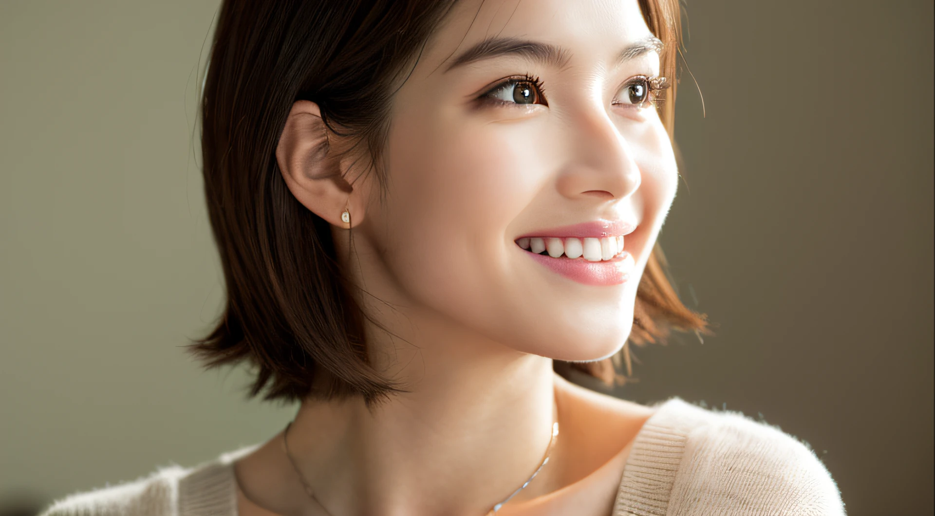 (8K, top-quality, ​masterpiece:1.3, 超A high resolution, A hyper-realistic), High Detail, ((Face like the real thing)), Photorealsitic, Raw foto, ((one beautiful women)), 28 year old, Detailed face, beautidful eyes, realisticeyes, Eyes in Beautiful Details, (real looking skin), Beautiful skins, enticing, depth of fields, hight resolution, High pixel count, clear details, sharp photo, Natural color reproduction, Noise Reduction, High fidelity, quality, Software Updates, Optimized algorithms, Inside a luxury hotel room, everyday clothes, Sweaters, perfect bodies, face perfect, perfect chest, perfect teeth, Perfect tooth alignment, small tits, Sexy lips, Ears are visible, Looking away, Natural perspective, (Don't look your audience in the eye), a smile, kindly smile, Beautiful skins, enticing, the golden ratio, (Detal Face:1.2), profetional lighting, Lighting the face, best light, japanes，japanaese girl, Photo of a cute Japanese woman, Small necklace, Thin Silver Necklace, simple background, (Photo from the side:1.2), Casual pose, Short hair swaying in the wind