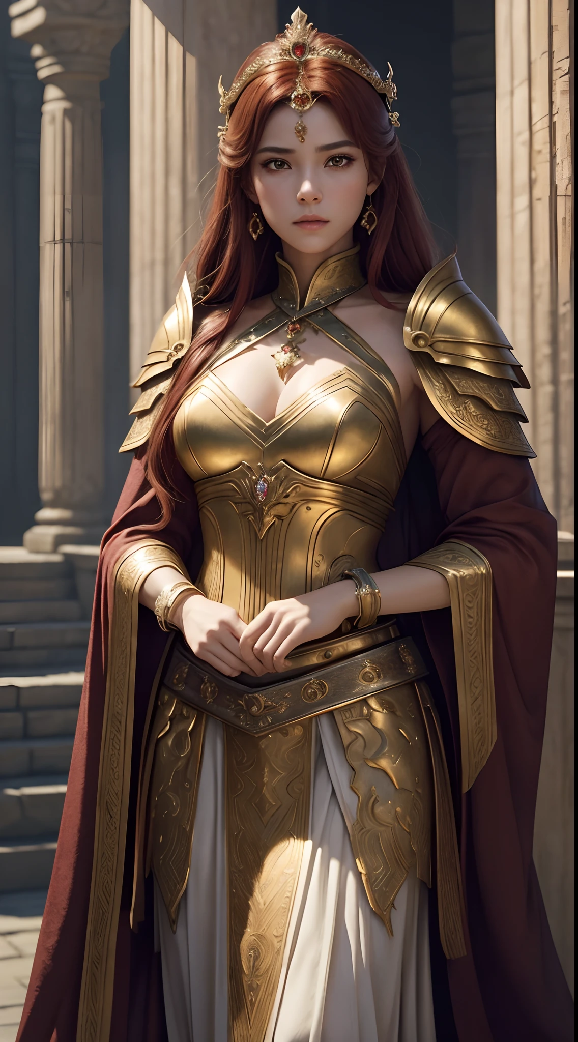 Fantasia、Ancient temples、Best Quality, Very high resolution, 4K Detail CG, ​master piece、aesthetics、Mysterious、Queen of Thrones、Charisma、Ishtar, Goddess of War、Increase your fighting spirit、Invincible Great General、Be brave and bold、brave、great、rigor、Awe-inspiring Hall々、glorias、Prestige、Veteran Hero、Extraordinary beauty、Rin々Right、Guardians of Lions、refinement、noble、Proud、Wearing noble jewelry、Equip your weapons、The appearance is luxurious and golden armor、cloaks、tall and slender、Long hair with fiery red hair、thirds rule、Perfect Angle、perfect-composition、low angles、Perfect light and shadow contrast、(((​masterpiece)))、(((top-quality)))、((ultra-definition))、(High Definition CG Illustration)、((extremely delicate and beautiful))、Cinematic Light、）