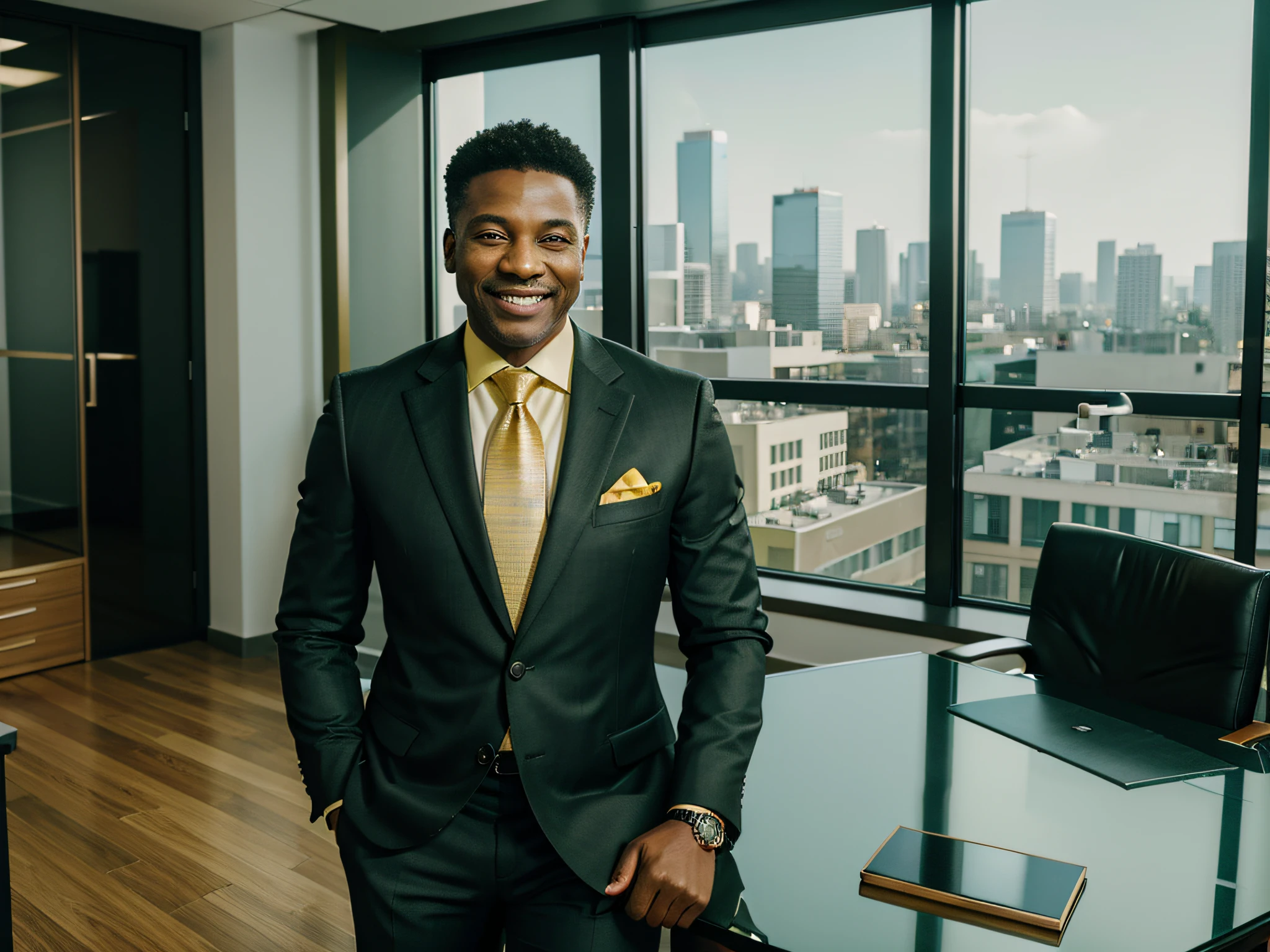 realistic black lawyer aged 50 in his corner office with green and gold color scheme with window overlooking the city, wearing a bespoke suit smiling at the camera. the office is large with expensive modern furniture. 4K, wide angle, stunning