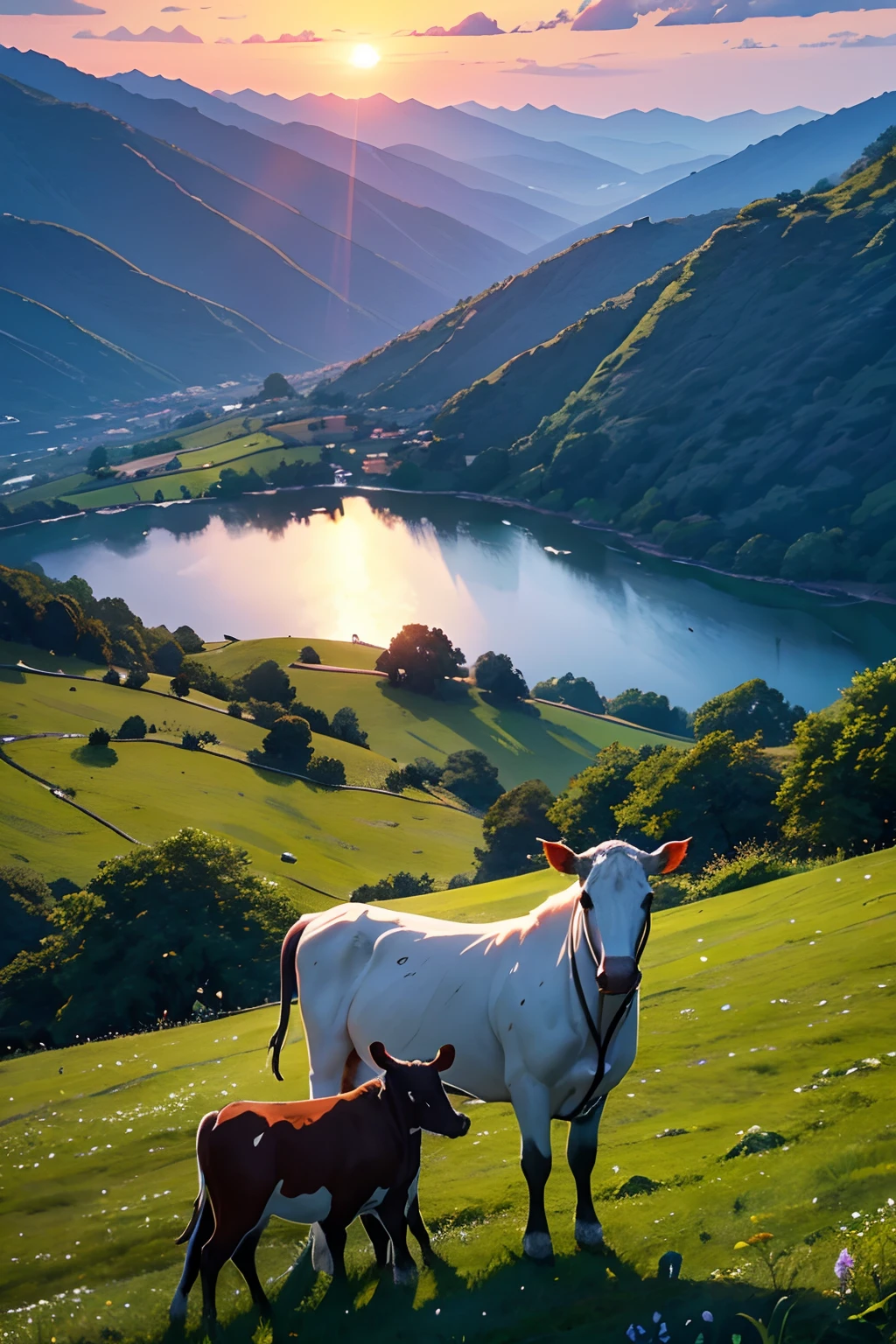 On top of a picturesque hill,Under verdant trees,The distant sunset stained the entire sky red。A gentle breeze ruffles the cow's hair,They eat grass quietly,Leisurely chew with your head down。
The view from the top of the mountain is magnificent,It's like...