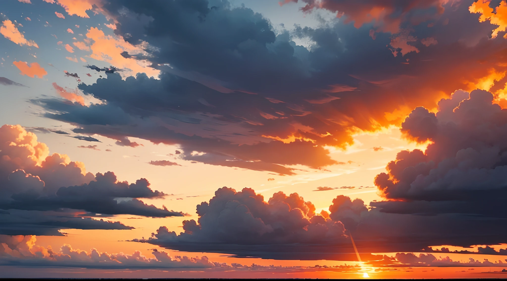 high quality, eveing sky, overcast, (clouds), sunset, orange sky, scenery,