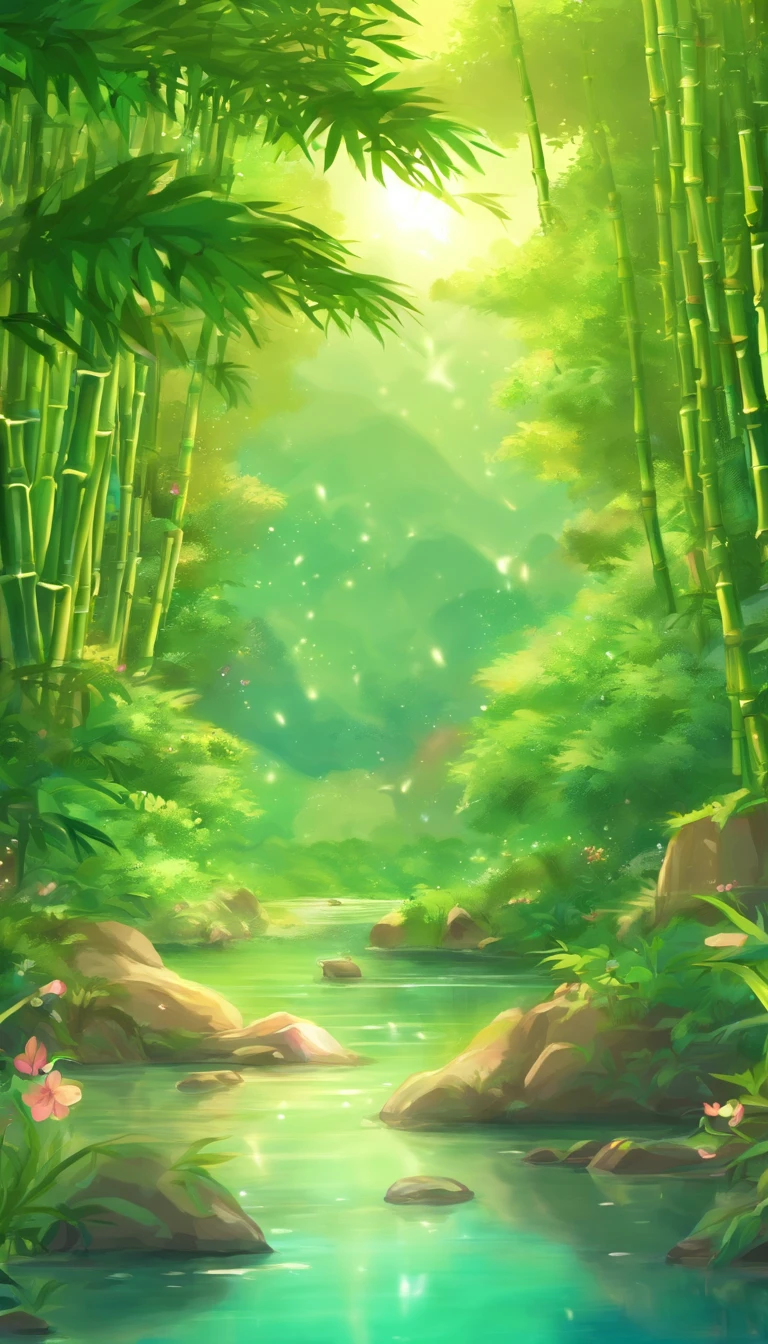 Draw a river in a bamboo forest，Moonlight shines through the bamboo forest at night, Round moon，Dancing fireflies，Scattered white lanterns，Anime background art, anime beautiful peace scene, beautiful anime scenery, Anime lush John 8K bamboo forest, mystical forest lagoon, Anime Nature, Bamboo forests and rivers,River in a bamboo forest, anime landscape wallpapers, Tranquil lush bamboo forest, anime backgrounds, anime nature wallpap, Gentle sparkling bamboo stream