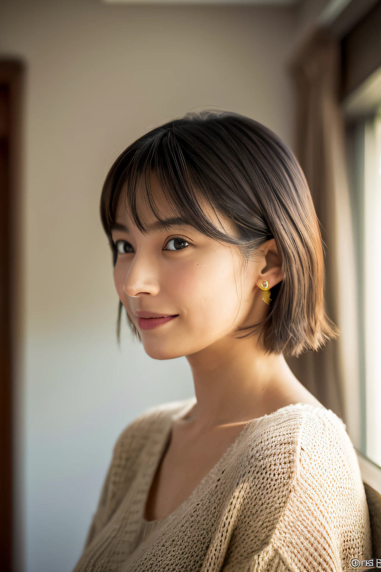 (8K, top-quality, masterpiece:1.3, 超A high resolution, A hyper-realistic), High Detail, ((Face like the real thing)), Photorealsitic, Raw foto, ((one beautiful women)), 27yo, Detailed face, beautidful eyes, realisticeyes, Eyes in Beautiful Details, (real looking skin), Beautiful skins, enticing, depth of fields, hight resolution, High pixel count, clear details, sharp photo, Natural color reproduction, Noise Reduction, High fidelity, quality, Software Updates, Optimized algorithms, Inside a luxury hotel room, everyday clothes, Sweaters, perfect bodies, face perfect, perfect chest, perfect teeth, Perfect tooth alignment, small tits, Sexy lips, Ears are visible, Looking away, Natural perspective, (Don't look your audience in the eye), a smile, kindly smile, Beautiful skins, enticing, the golden ratio, (Detal Face:1.2), profetional lighting, Lighting the face, best light, japanes,japanaese girl, Photo of a cute Japanese woman, Small necklace, Thin Silver Necklace, simple background, (Photo from the side:1.2), Casual pose, Short hair swaying in the wind
