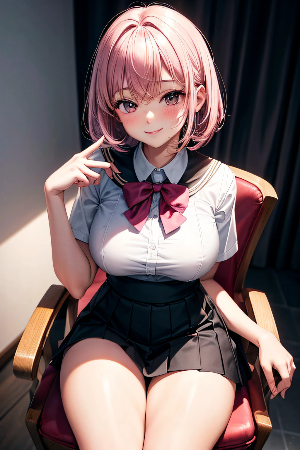 1girl, medium height, black eyes, pink long, thick thighs, sitting on a chair, sexy smile, white panty, wearing tight white school uniform, short black skirt, medium size breast, slim waist, perfect fingers, 5fingers, HD, high res, looking at viewer, high quality