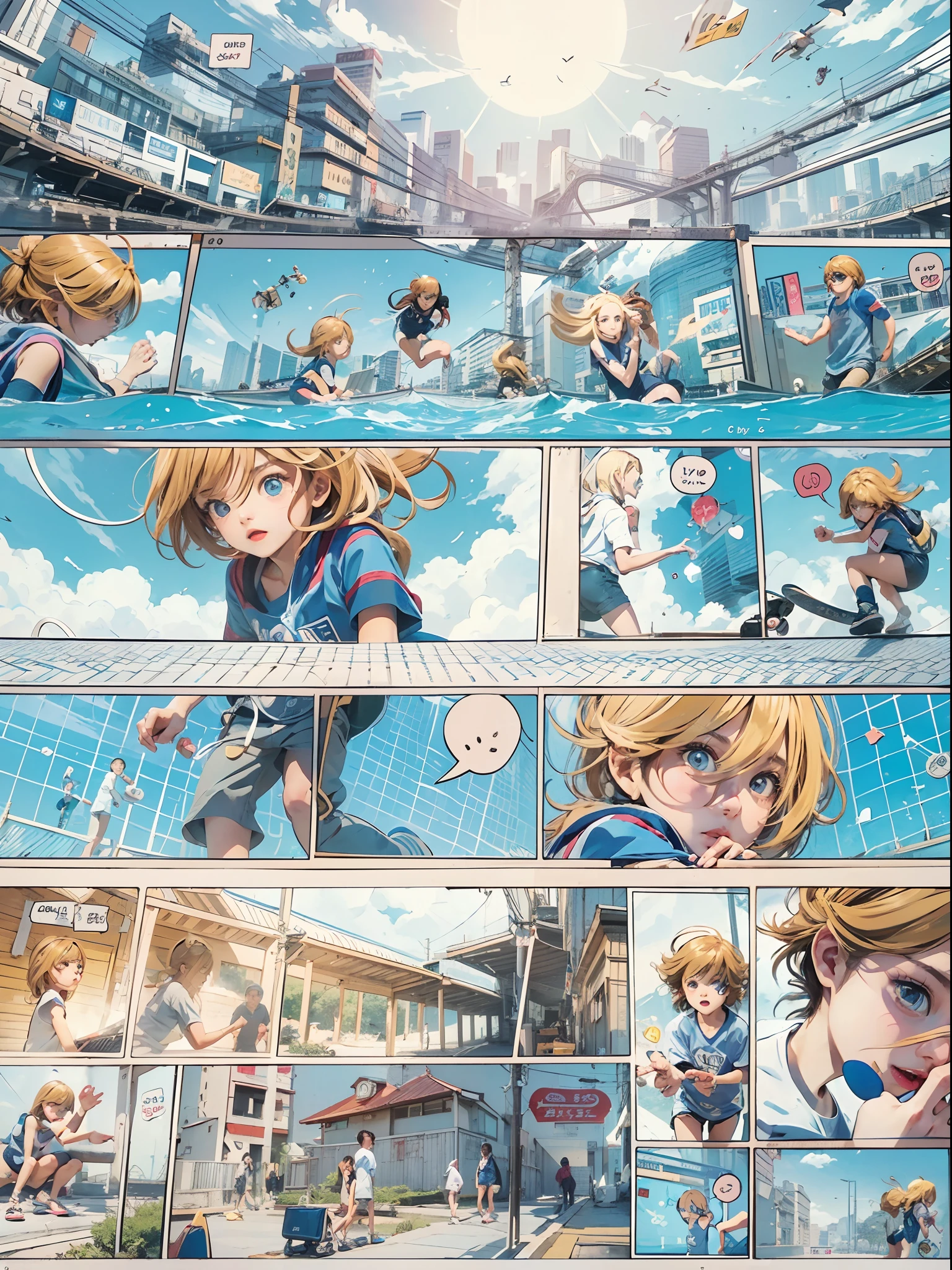 Comic storyboard:1.8, comic strip, Comic layout, Love comic book storyboards,Skateboarding learning growth stories, Anime emoji theme pack, hyper HD, Japanese anime manga style, Clear sky on blue and white background, 24K Ultra HD.