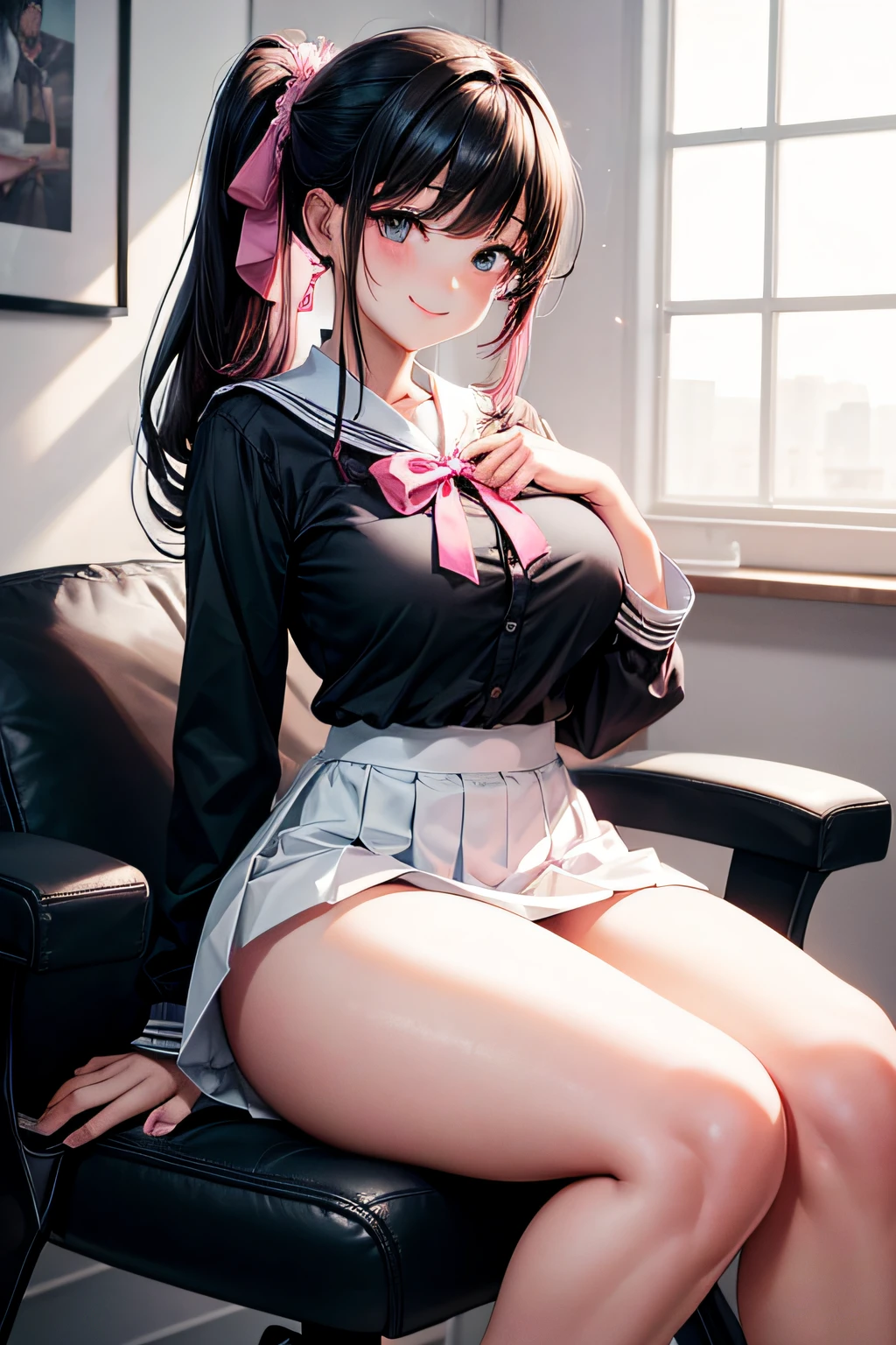 1girl, medium height, black eyes, pink long, thick thighs, sitting on a chair, sexy smile, white panty, wearing tight white school uniform, short black skirt, medium size breast, slim waist, perfect fingers, 5fingers, HD, high res, looking at viewer, high quality