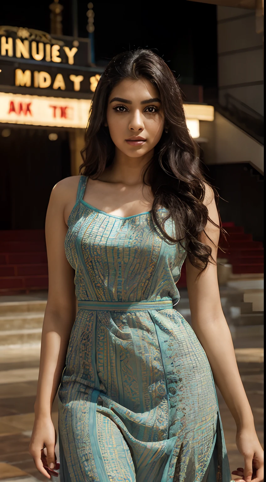 ultra-realistic photographs,Indian Instagram female model,mid 20s,9:16,mid-shot,beautiful detailed eyes,detailed lips,longeyelashes,black curly hair,naturally full eyebrows,perfectly formed nose,expressive face,attractive appearance,confident and elegant posture,graceful movement,vibrant and colorful dress,rich and intricate embroidery, movie theatre background,serene atmosphere,stunning architecture,soft and natural lighting,vivid colors,photorealistic,HDR,highres,studio lighting,ultra-detailed,bokeh,fully covered clothes