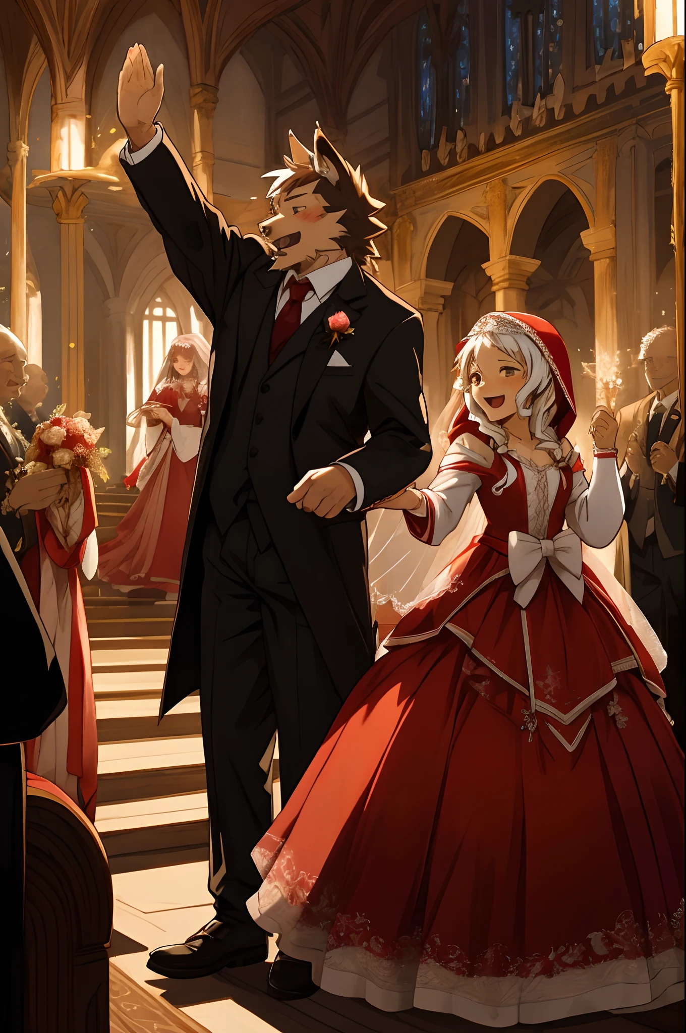 cover_page, Fairy Tail wedding scene, Little Red Riding Hood Wedding with the Wolf, Beautifully dressed old lady in the background, Uncle of a hunter in a stylish suit, Clapping hands in joy and celebrating, Romantic and dreamy atmosphere, Ceremony in a lavishly decorated venue,