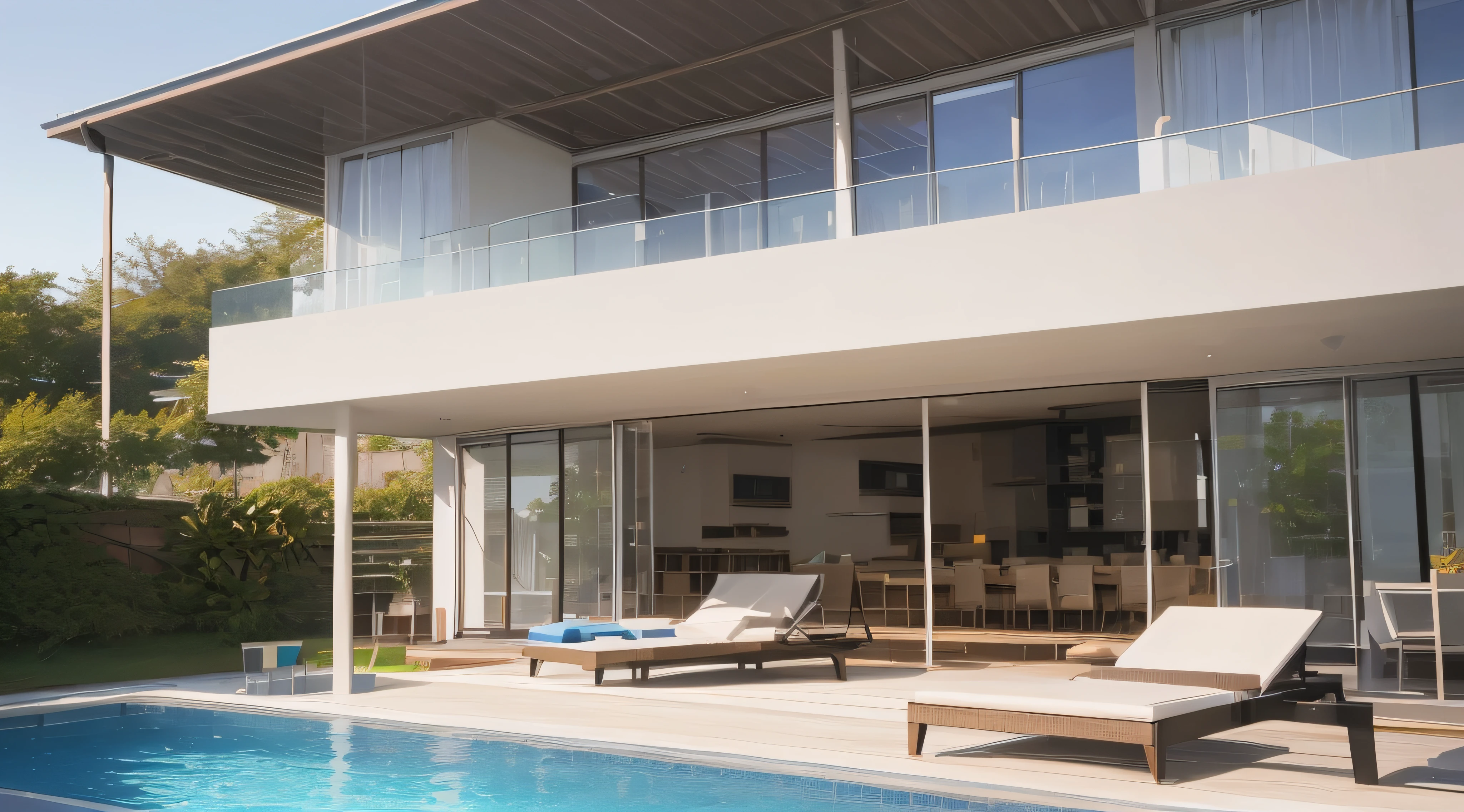 Exterior of beautiful modern house with solar panels on roof. Luxury villa with terrace and swimming pool