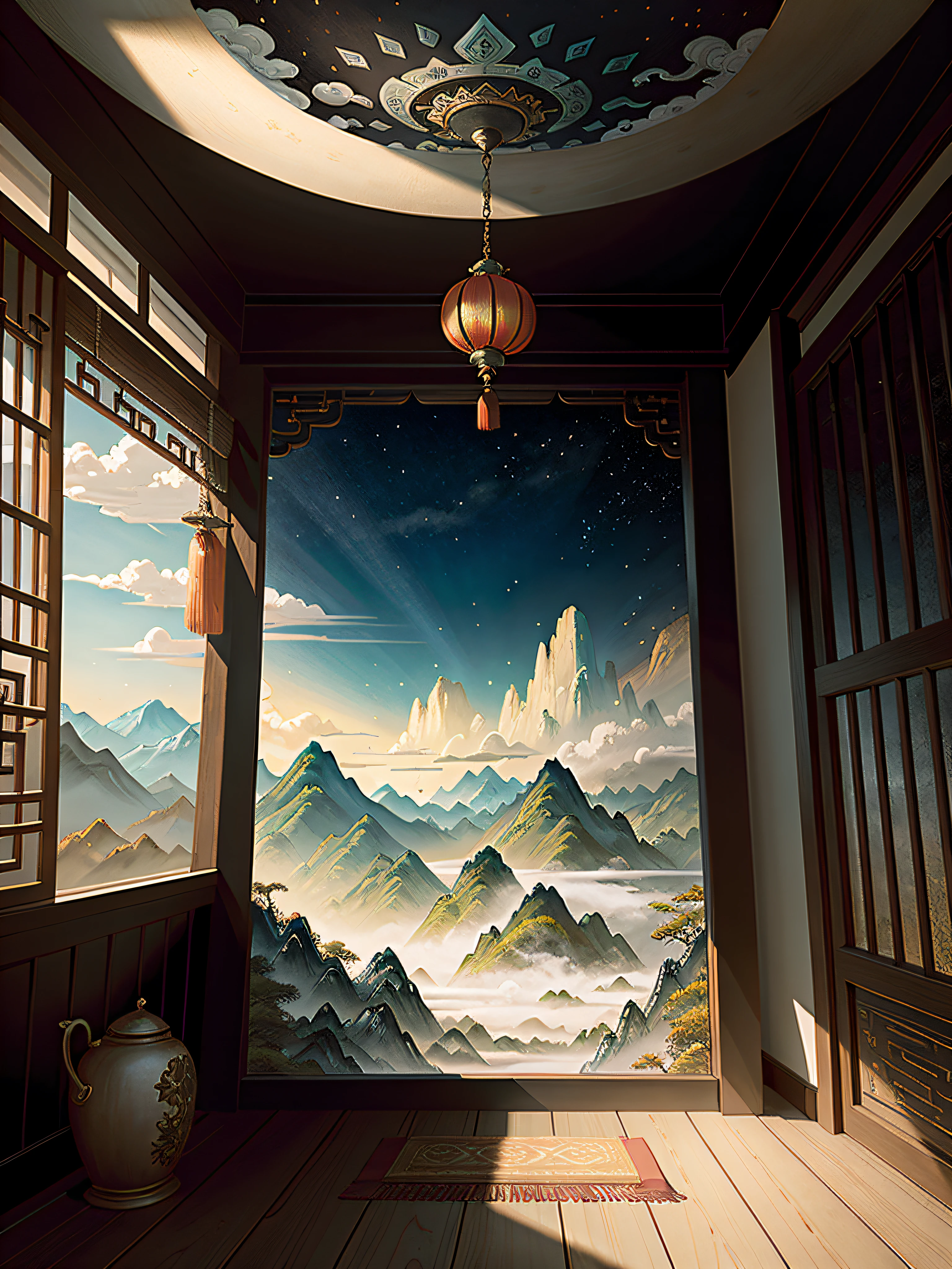 An ancient Chinese painting, ancient chinese background, mountain ranges, rios, Auspicious clouds, Pavilions, rays of sunshine, tmasterpiece, super detailing, Epic composition, hyper HD, high qulity, extremely detaile, offcial art, 统一 8k 壁纸, super detailing,inside in room,The window looks out,The depth is intense