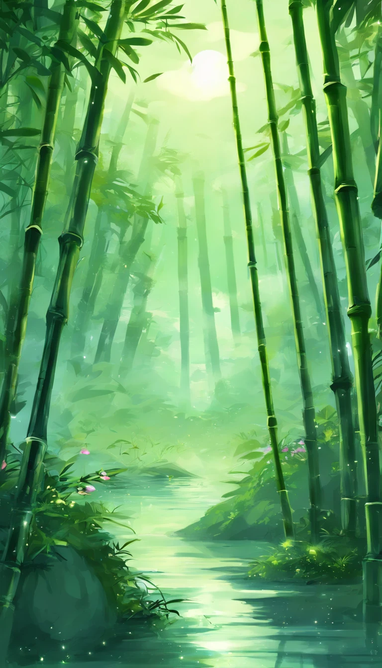 Draw a river in a bamboo forest，Moonlight shines through the bamboo forest at night, Round moon，Dancing fireflies，Scattered white lanterns，Anime background art, anime beautiful peace scene, beautiful anime scenery, Anime lush John 8K bamboo forest, mystical forest lagoon, Anime Nature, Bamboo forests and rivers,River in a bamboo forest, anime landscape wallpapers, Tranquil lush bamboo forest, anime backgrounds, anime nature wallpap, Gentle sparkling bamboo stream