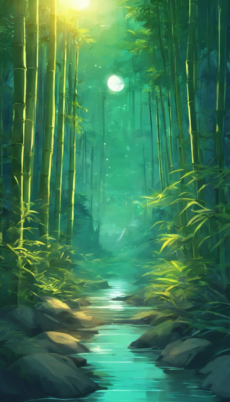 Draw a river in a bamboo forest,Moonlight shines through the bamboo forest at night, Round moon,Dancing fireflies,Scattered white lanterns,Anime background art, anime beautiful peace scene, beautiful anime scenery, Anime lush John 8K bamboo forest, mystical forest lagoon, Anime Nature, Bamboo forests and rivers,River in a bamboo forest, anime landscape wallpapers, Tranquil lush bamboo forest, anime backgrounds, anime nature wallpap, Gentle sparkling bamboo stream