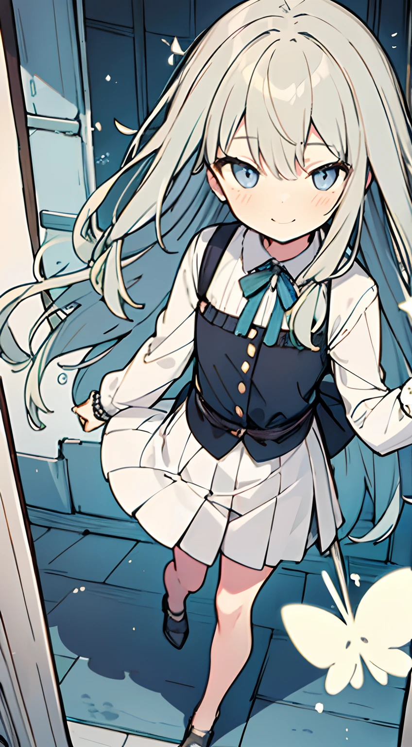 masuter piece, Best Quality,32K、Wallpaper, ultra -detail, Absurd beauty, 1beautiful girl、Big eyes、Hair fluttering in the wind、Slender legs、Smaller head、miscievous smile、Angle looking down from above:1.3、✨