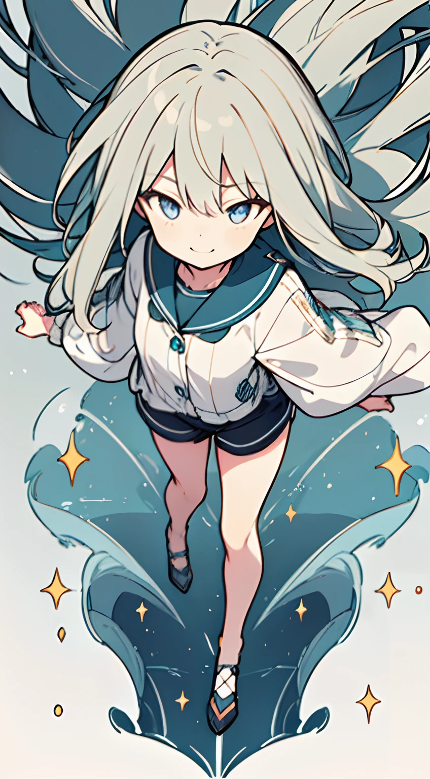 masuter piece, Best Quality,32K、Wallpaper, ultra -detail, Absurd beauty, 1beautiful girl、Big eyes、Hair fluttering in the wind、Slender legs、Smaller head、miscievous smile、Angle looking down from above:1.3、✨