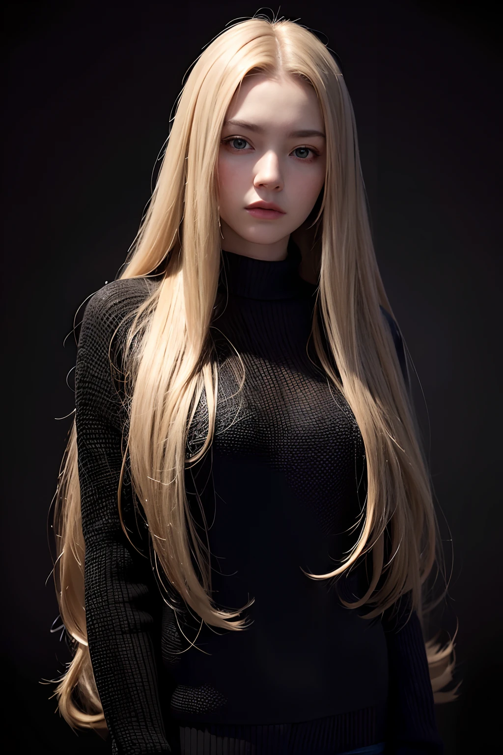 Best quality, masterpiece, ultra high res, (photorealistic:1.4), raw photo, 1girl, long hair, gold hair, detailed eyes and face, black sweater, dynamic lighting, in the dark, deep shadow, low key, cowboy shot