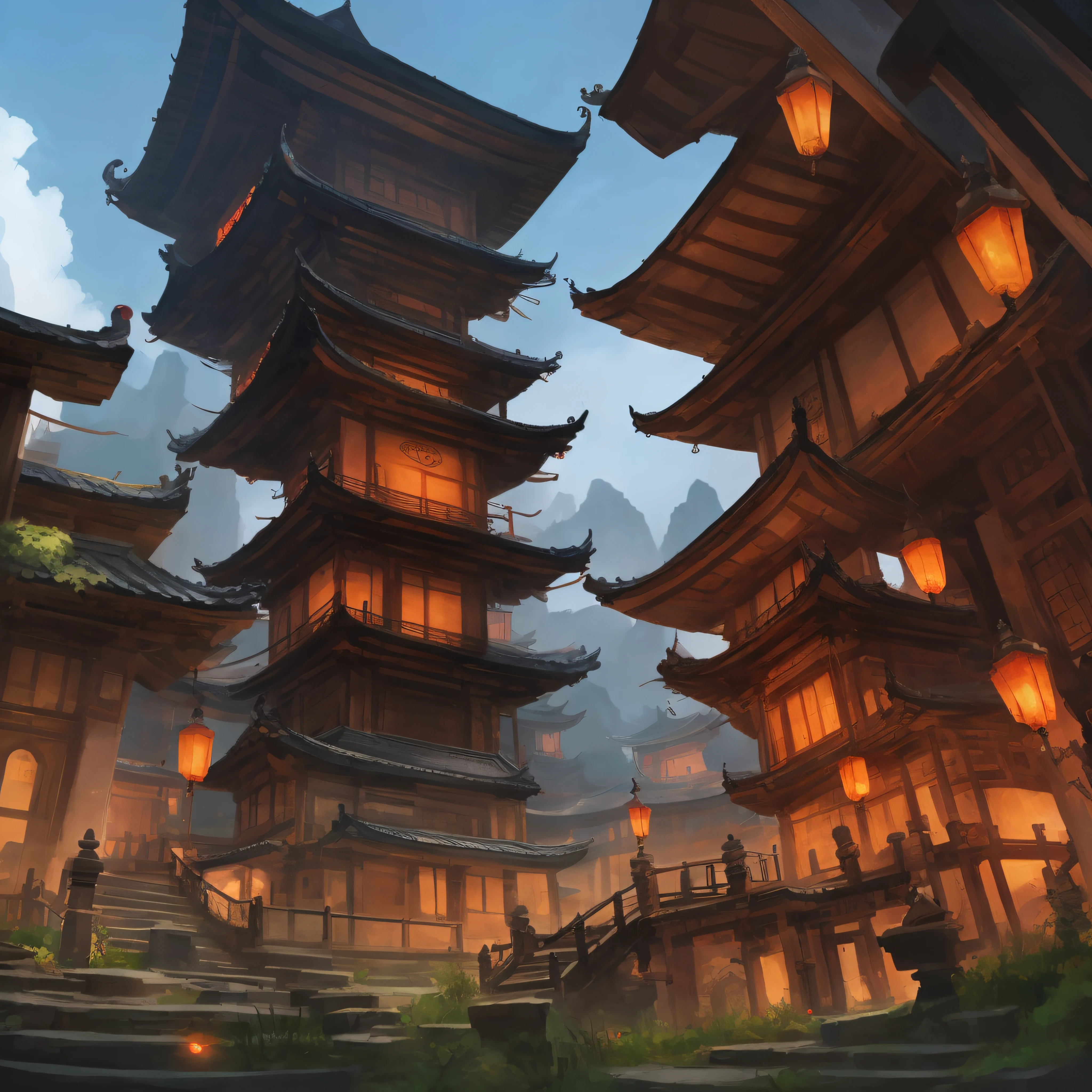 There is a picture of the building,There are a lot of lights on it, Fantastic Chongqing Hongya Cave, digital painting of a pagoda, Riot game concept art, . scenery background, ,digital painting concept art, G Liulian art style,Anime landscape concept art